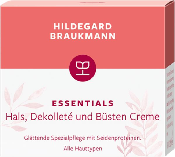 Hildegard Braukmann Essentials Creme-Verpackung. Text: Hals, Dekolleté und Büsten Creme. Rosa und weiß. Blätter-Dekor.