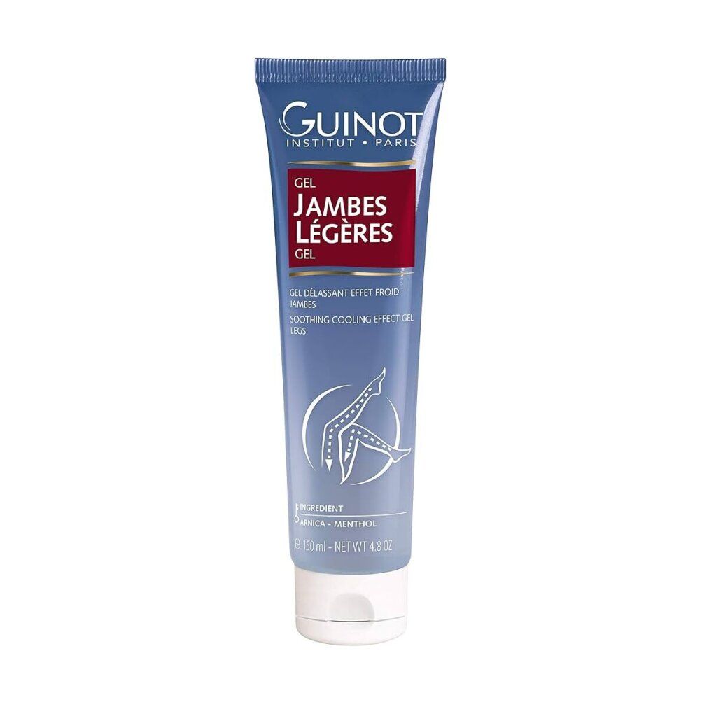 Blau-weiße Tube mit Produktaufschrift. Guinot Institut Paris, Gel Jambes Légères. Enthält Arnika und Menthol. 125 ml.