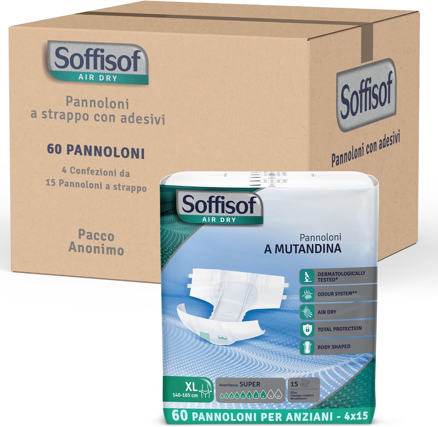 Soffisof Air Dry Windeln für Erwachsene Super, XL, 60 Stück. Verpackung mit Karton und Packung.