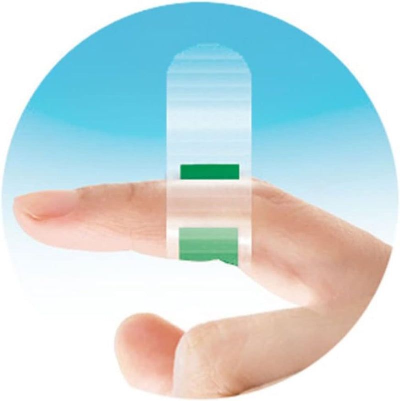 Finger mit einem Haro Pflaster mit Aloe Vera. Das Pflaster ist transparent und hat einen grünen Bereich.