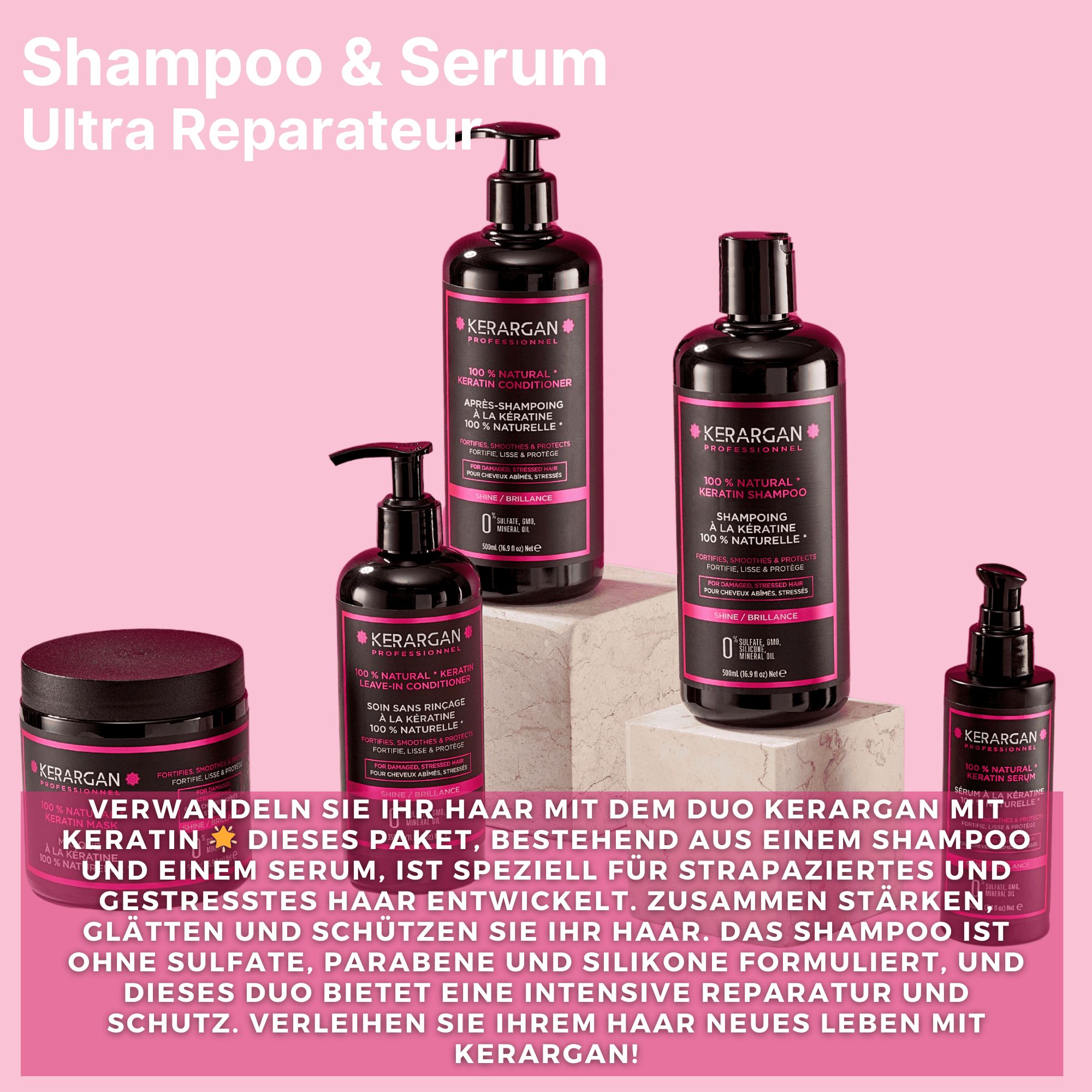 Diversi prodotti Kerargan su sfondo rosa. Shampoo, siero e maschera per capelli. Testo in italiano.