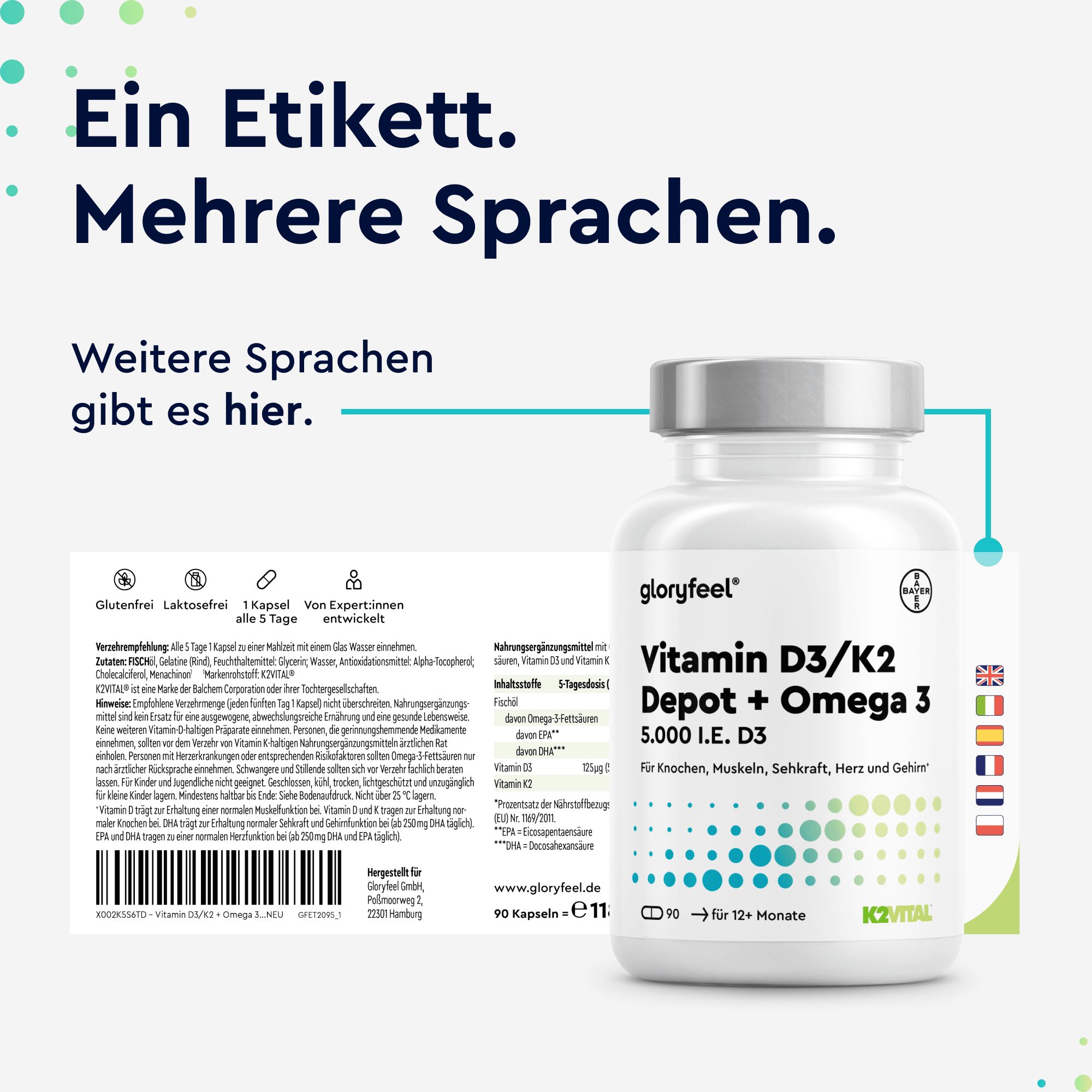Etikett mit mehreren Sprachen: Gloryfeel Vitamin D3/K2 Depot + Omega 3 Kapseln.