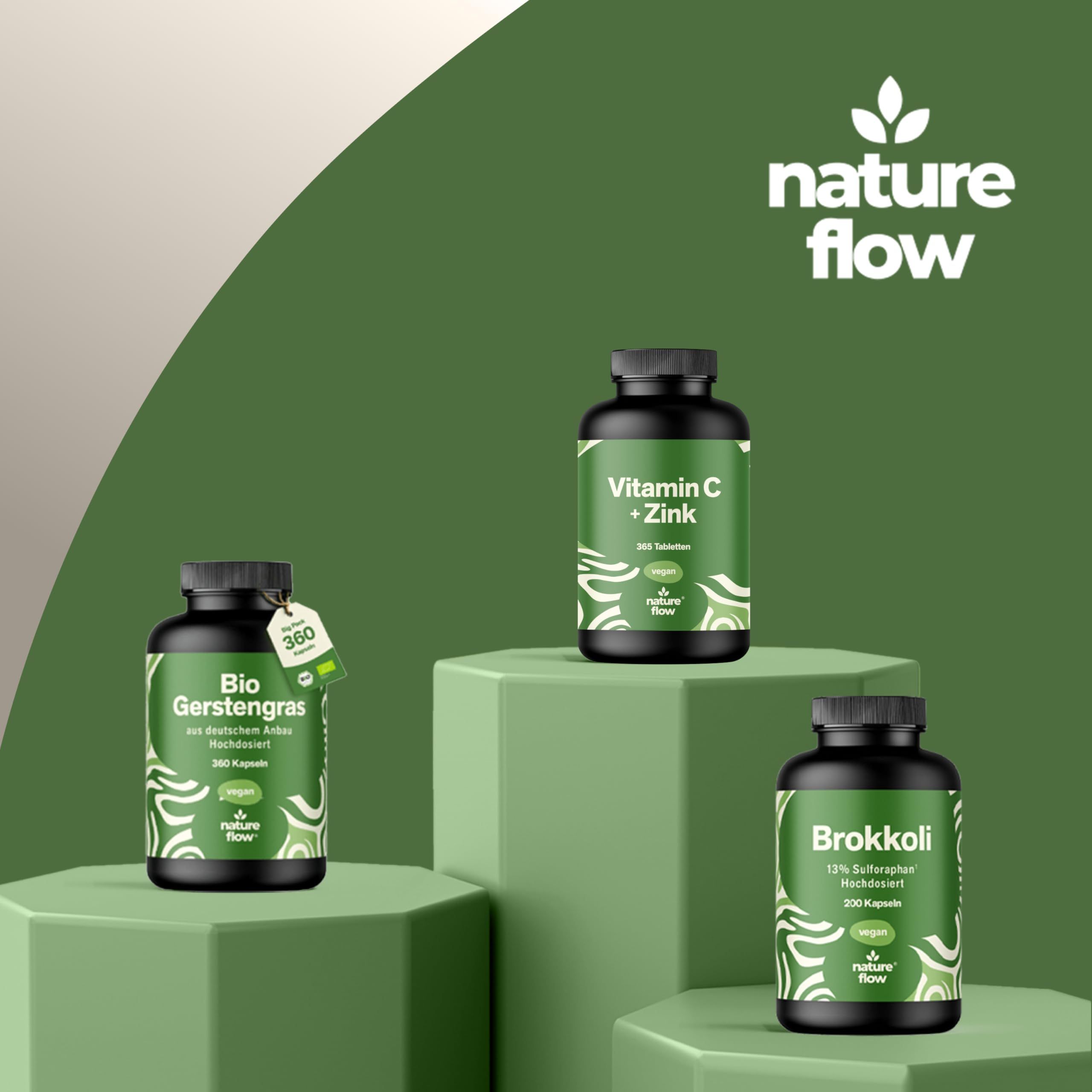 Drei Flaschen auf Podesten. Produkte: Vitamin C + Zink, Bio Gerstengras, Brokkoli. Marke: nature flow.