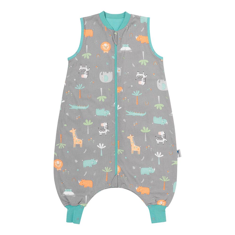 Grauer Baby-Schlafsack mit Füßen, Safari-Muster, Reißverschluss, 80 cm. Türkis Details.