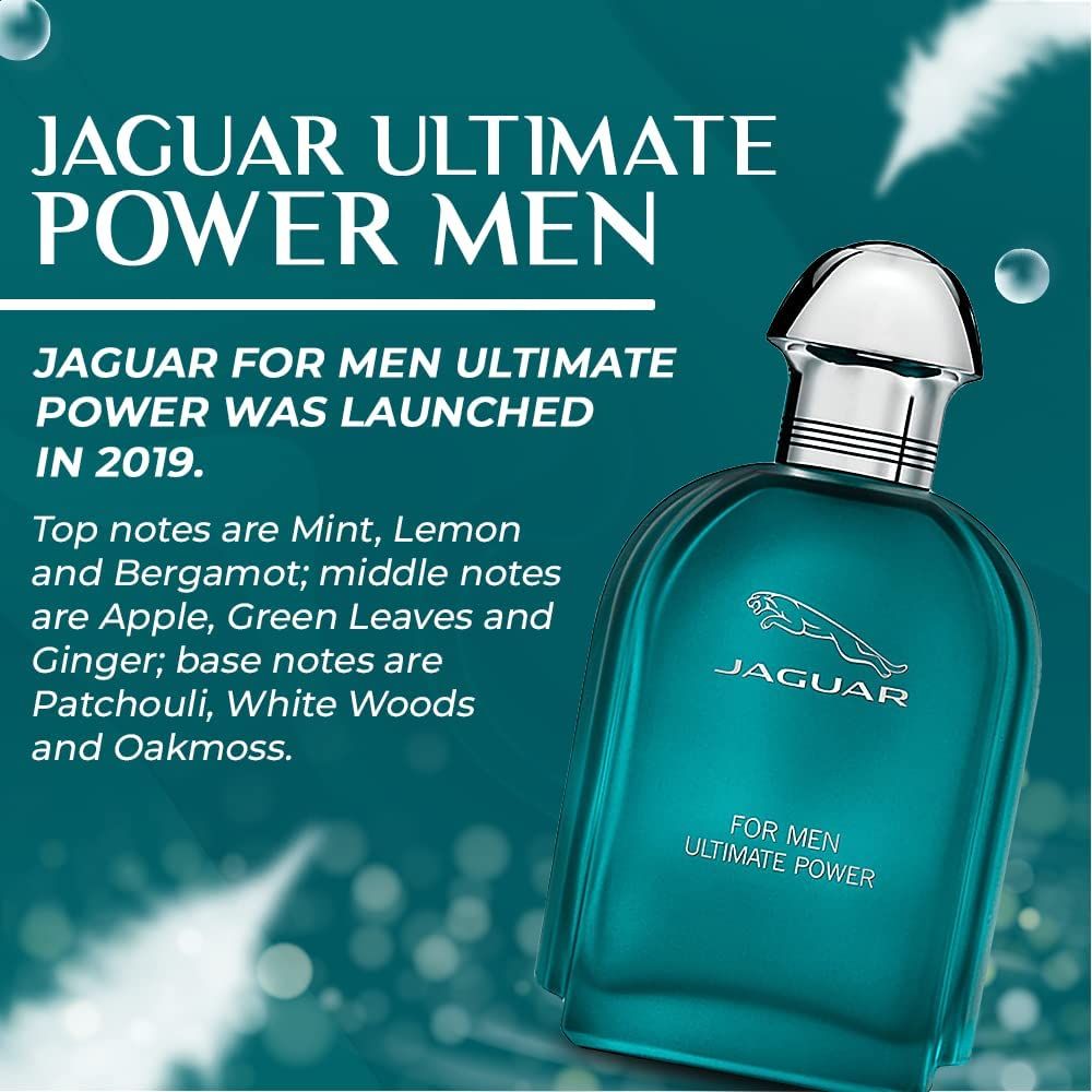 Parfümflakon mit silbernem Verschluss. Aufschrift: Jaguar, For Men, Ultimate Power. Hintergrund mit Text.