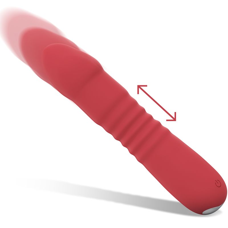 Roter Vibrator mit geriffelter Oberfläche. Pfeil zeigt horizontale Bewegung. Ein-Aus-Knopf.