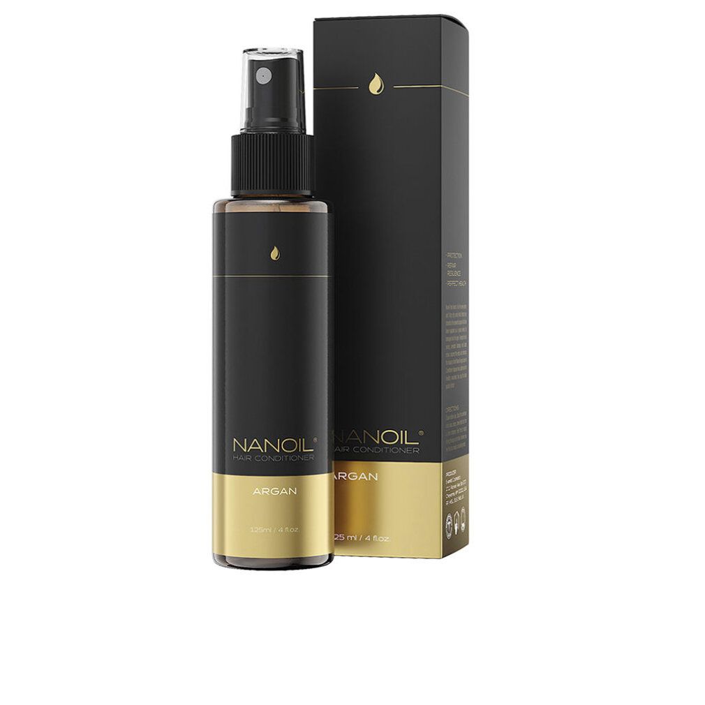 Nanoil Argan Hair Conditioner Sprühflasche mit schwarzer und goldener Verpackung.