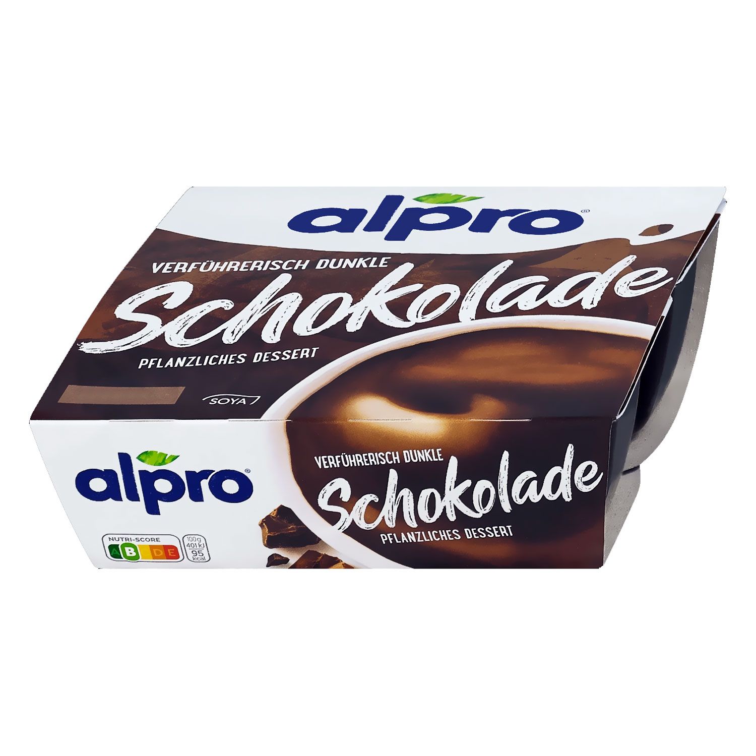 Alpro Soya Dessert Dunkle Schokolade. Weiße Verpackung mit Produktabbildung und Schriftzug. Enthält das Alpro-Logo und Nährwertkennzeichnung.