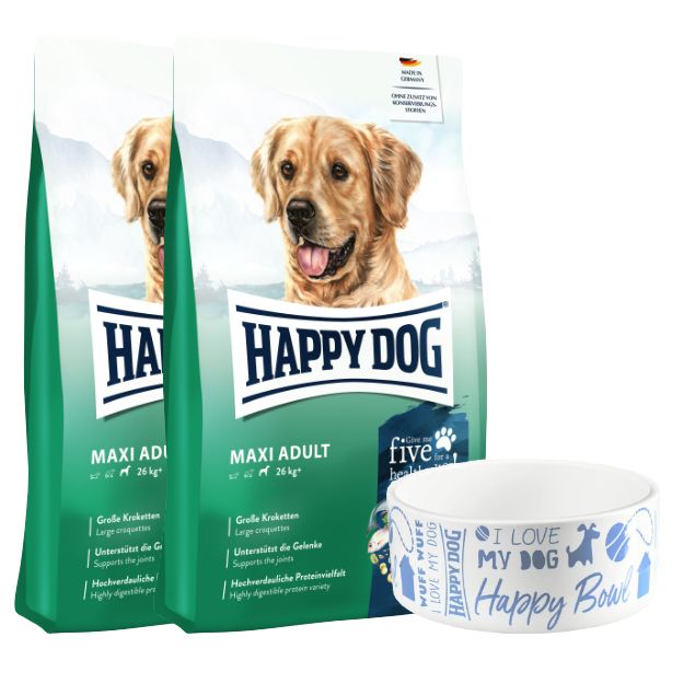 Zwei Säcke Hundefutter mit dem Logo Happy Dog und einem Napf mit Aufschrift "I love my dog".