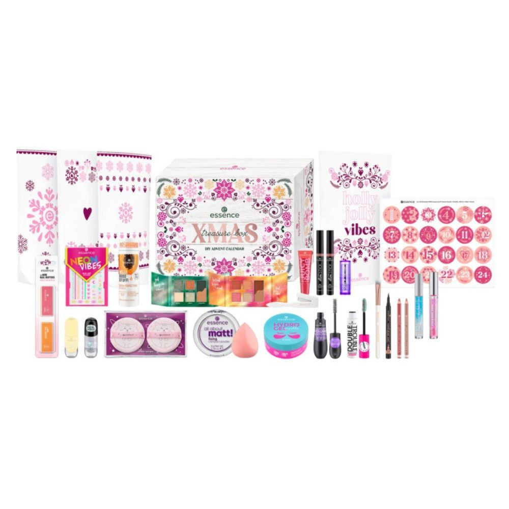 Essence Adventskalender mit 24 Beauty-Produkten. Enthält Lippenstifte, Mascara, Lidschatten und mehr.