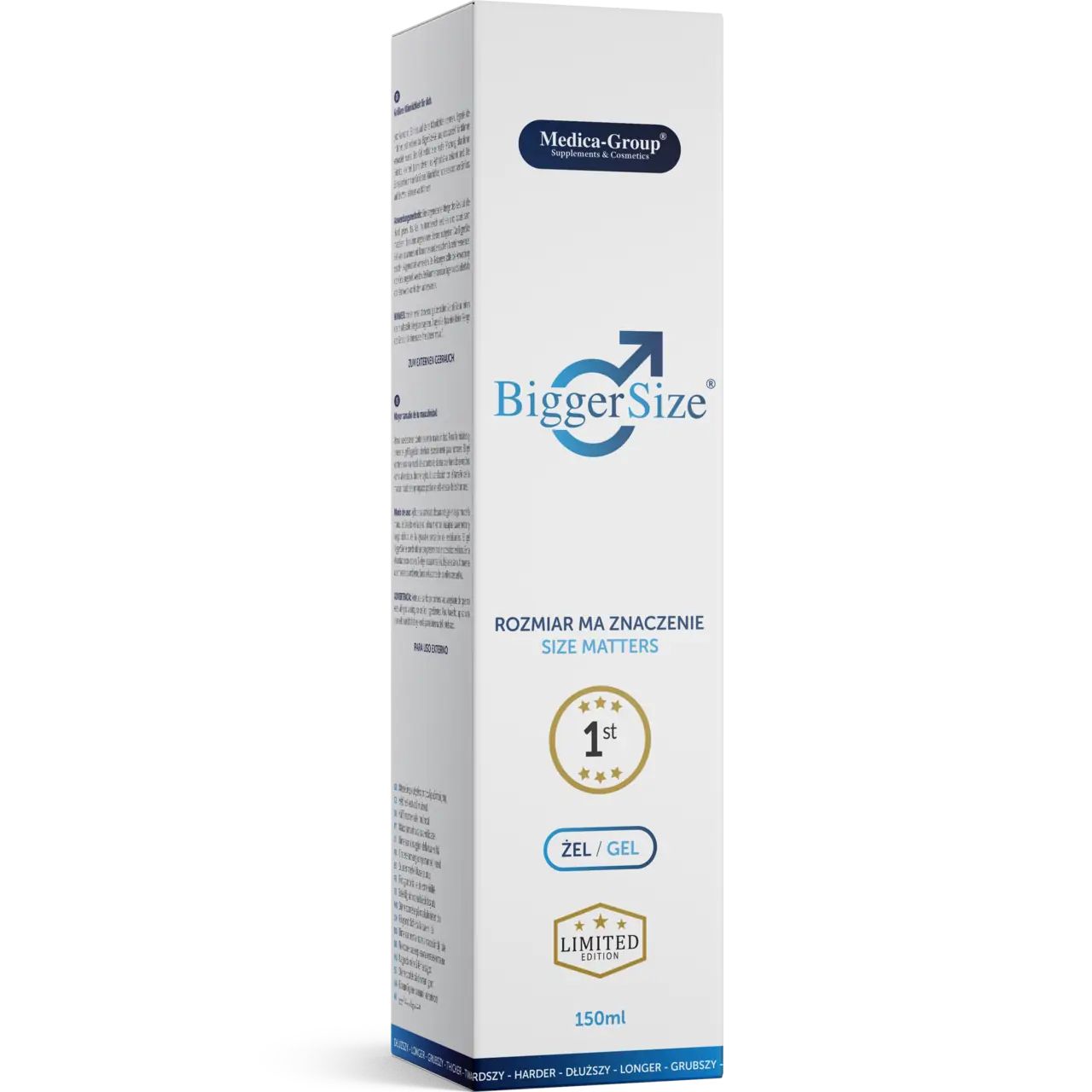 Verpackung für Gel. Aufschrift "BiggerSize", "Zel/Gel", "1st". Logo und Text auf der Verpackung. Weißer Hintergrund.
