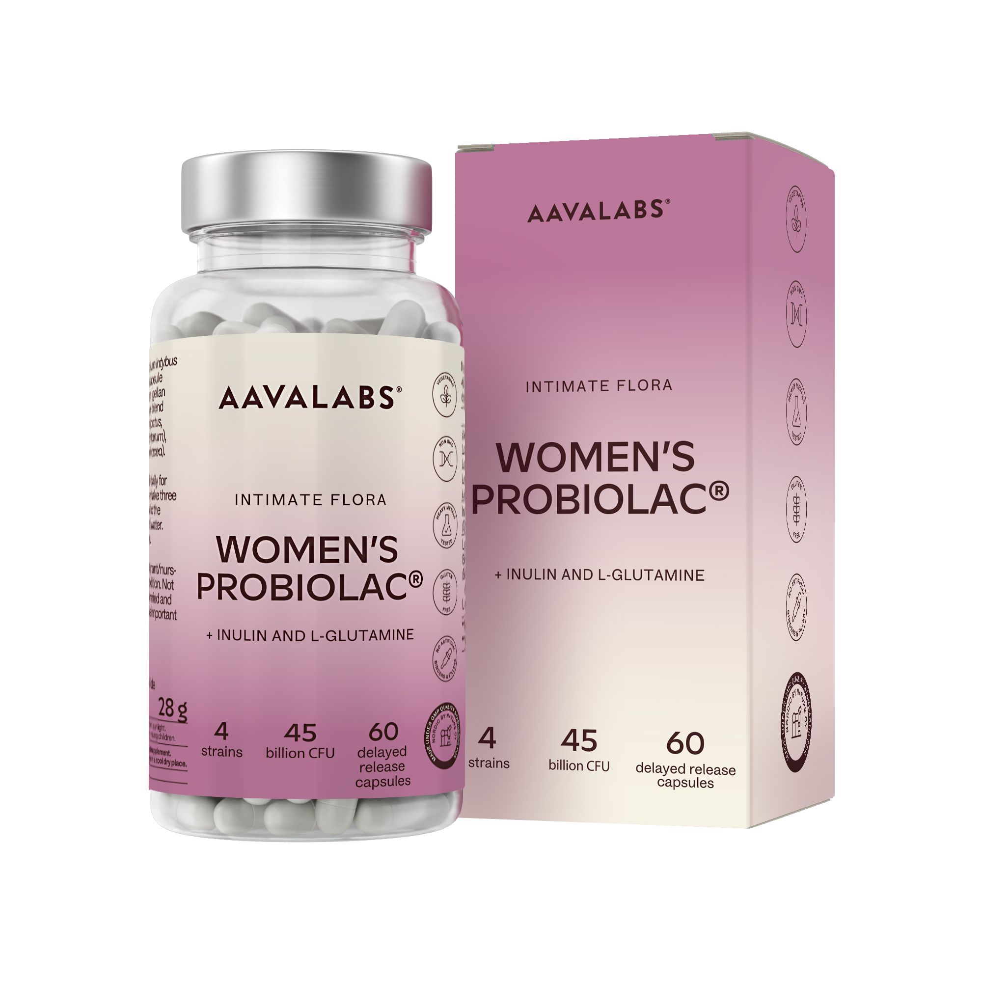 Aavalabs Women's Probiolac. Flasche und Schachtel. Kapseln. Aufschrift: Intimate Flora, 4 Stämme, 45 Mrd. KBE, Inulin & L-Glutamin.