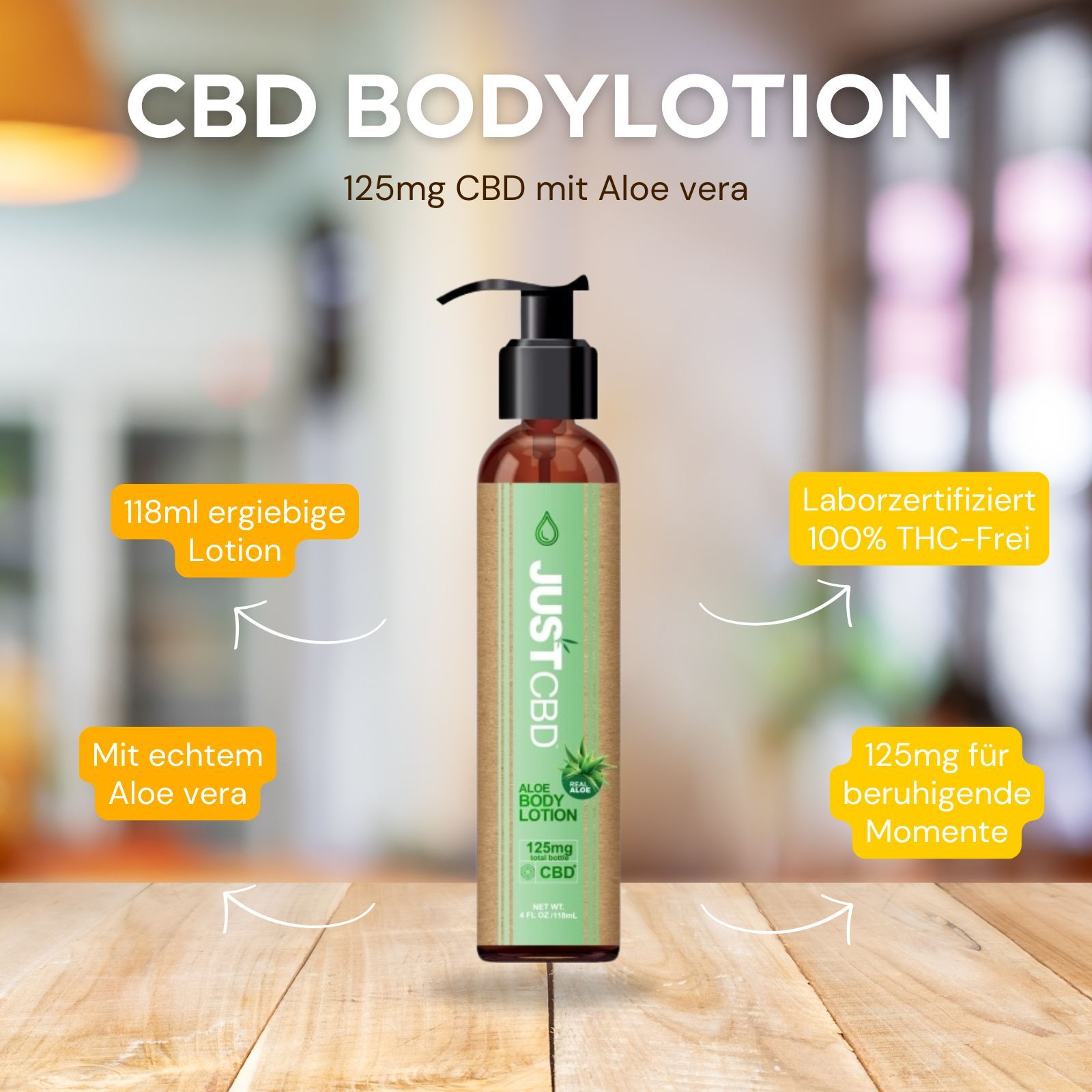 Flasche JUSTCBD Aloe Body Lotion, Text: 125mg CBD mit Aloe vera. Textfelder: 118ml Lotion, Laborzertifiziert, 125mg für Momente.