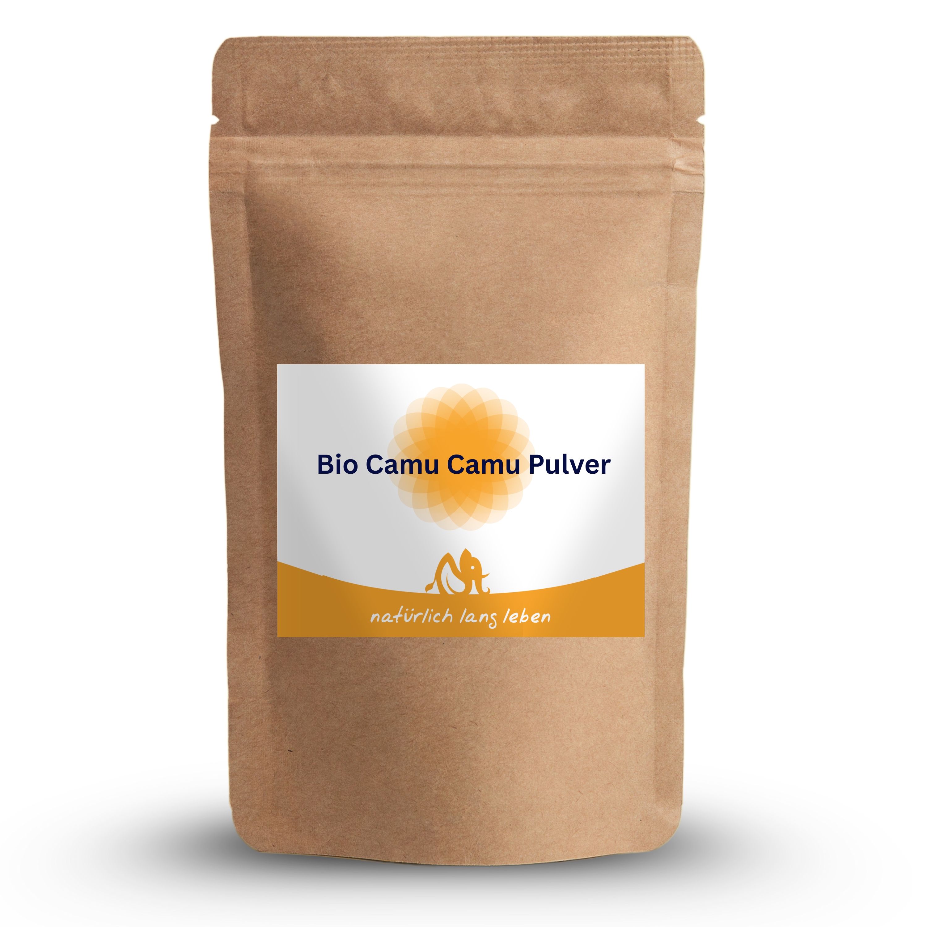 Braune Tüte mit Etikett. Aufschrift: Bio Camu Camu Pulver. Logo: Sonne. Text: natürlich lang leben.