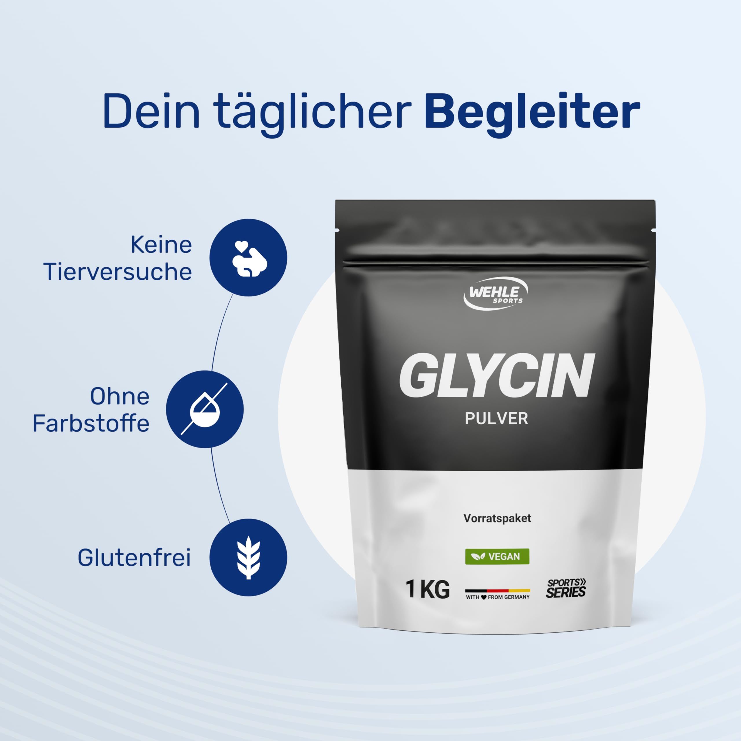 Schwarze Verpackung mit weißem Boden. Aufschrift GLYCIN PULVER, 1 KG, Vegan-Siegel. Text: Ohne Farbstoffe, Glutenfrei. Marke: WEHLE SPORTS.