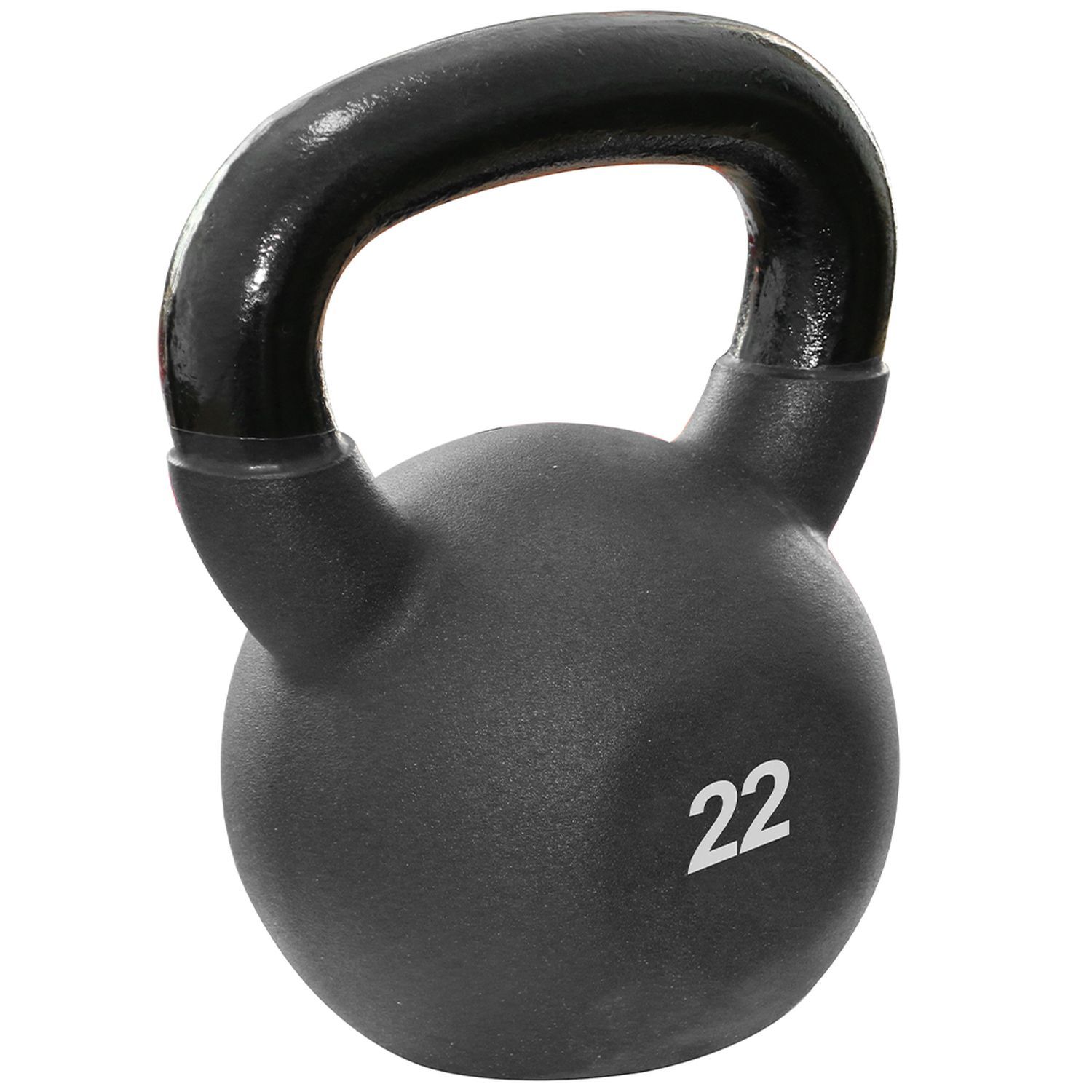 Schwarze Kettlebell mit schwarzem Griff. Gewicht 22. Kugelförmiger Körper mit Griff. Für Fitness-Training.