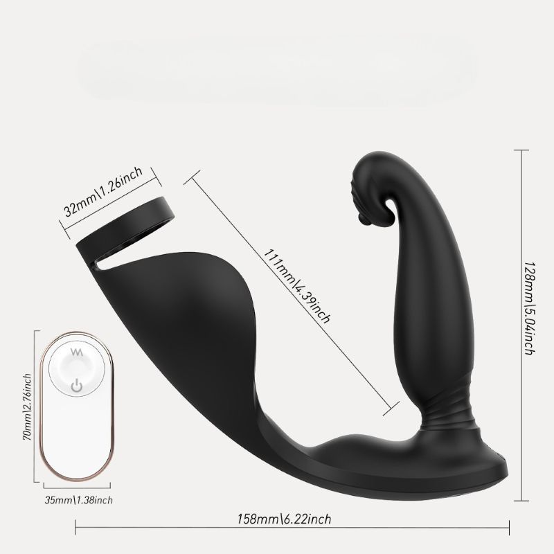 Schwarzes Wellness-Produkt mit Maßen. Inklusive Fernbedienung. Auf hellem Hintergrund.