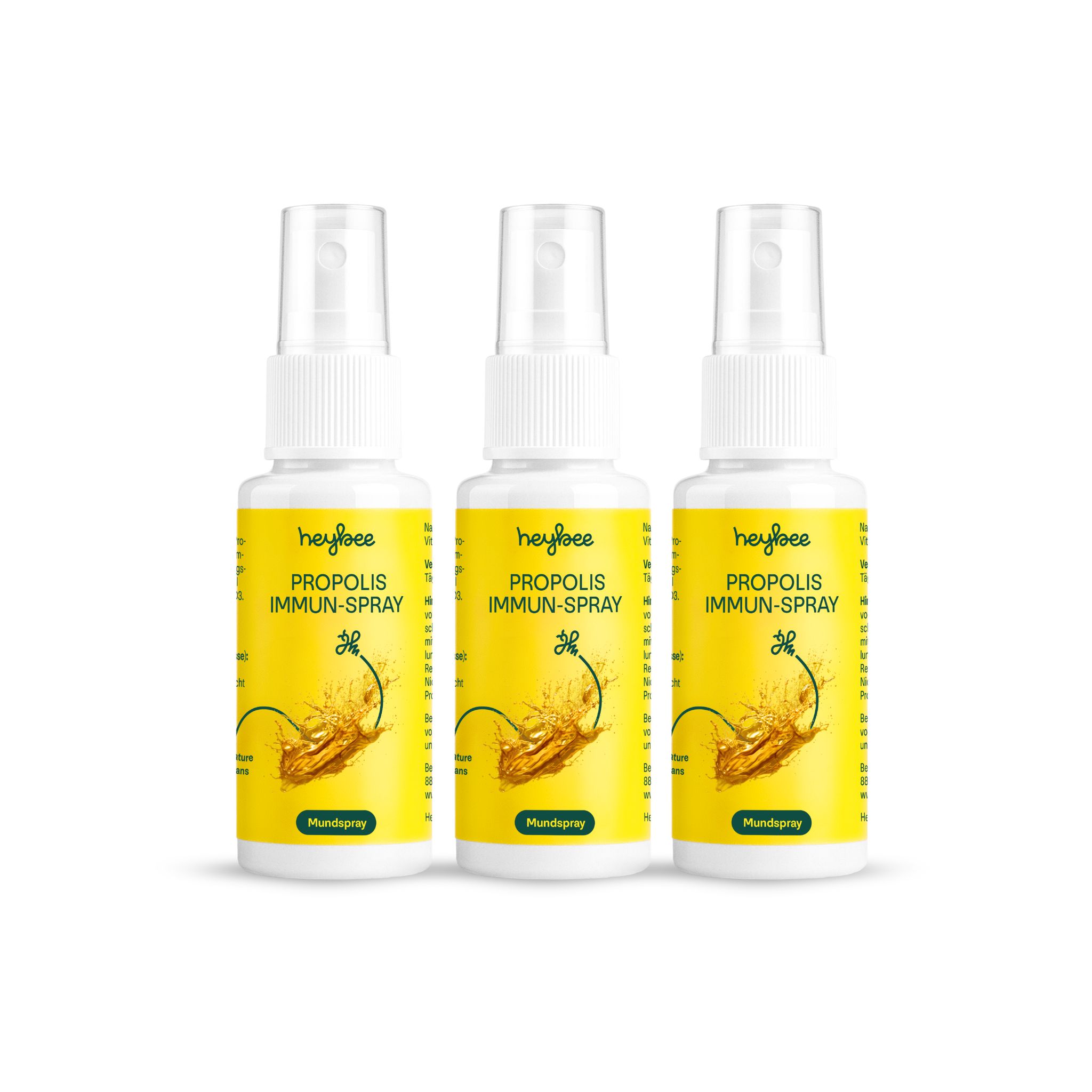 Drei Flaschen Heybee Propolis Immun-Spray. Weiße Flaschen mit gelben Etiketten. Schriftzug: Propolis Immun-Spray, Mundspray. Gelber Hintergrund.