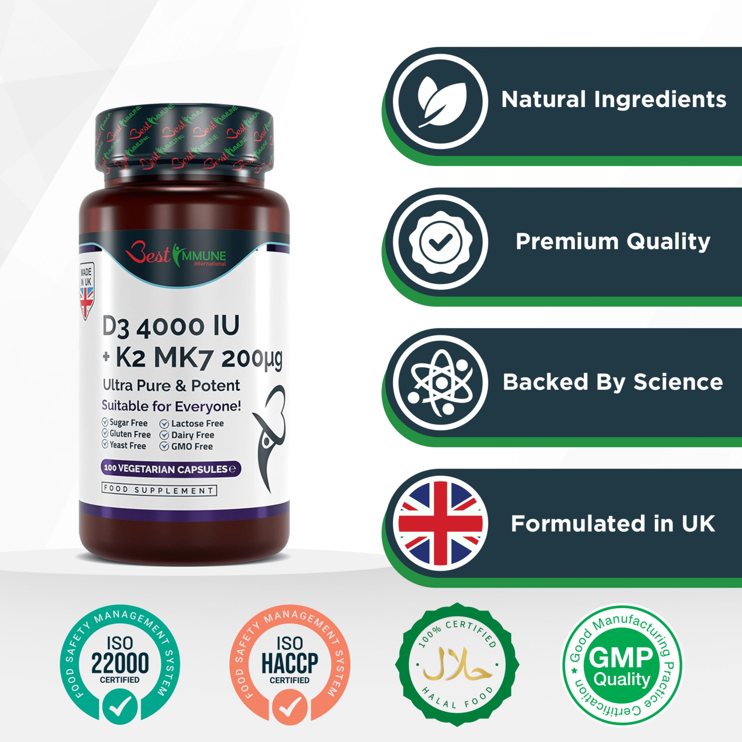 Best Immune Vitamin K2 MK7 200 mcg D3 (Cholecalciferol) 4000 IE