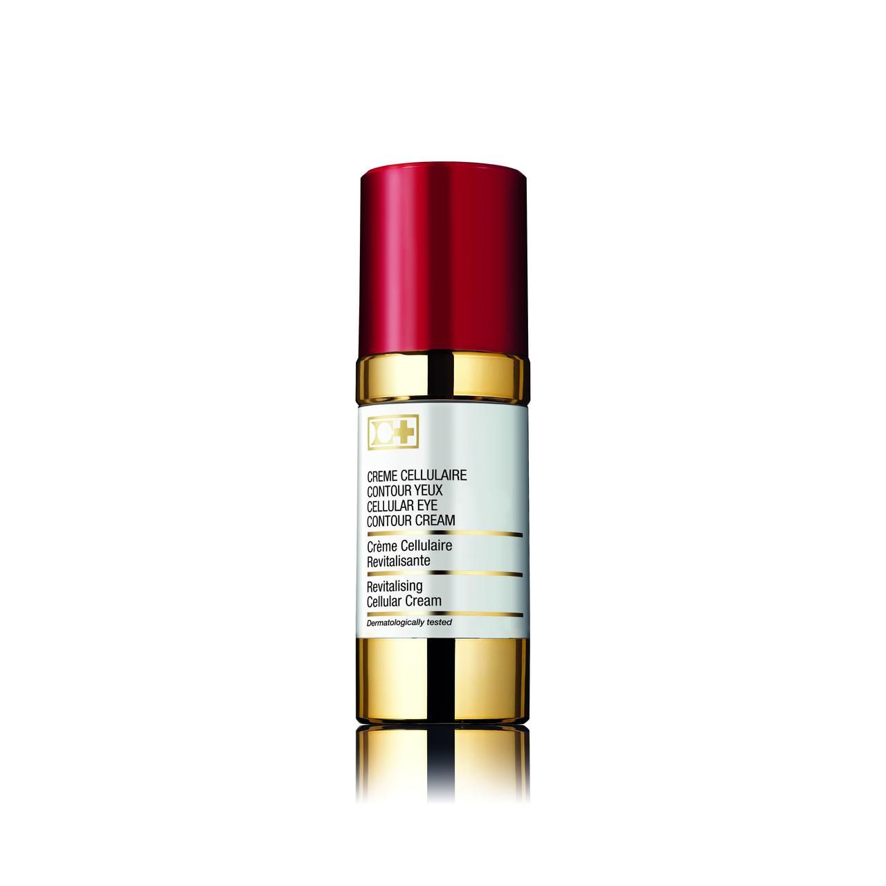Cellcosmet Cellular Eye Contour Creme. Rote Kappe, goldene Basis. Text: Cellular Eye Contour Cream.