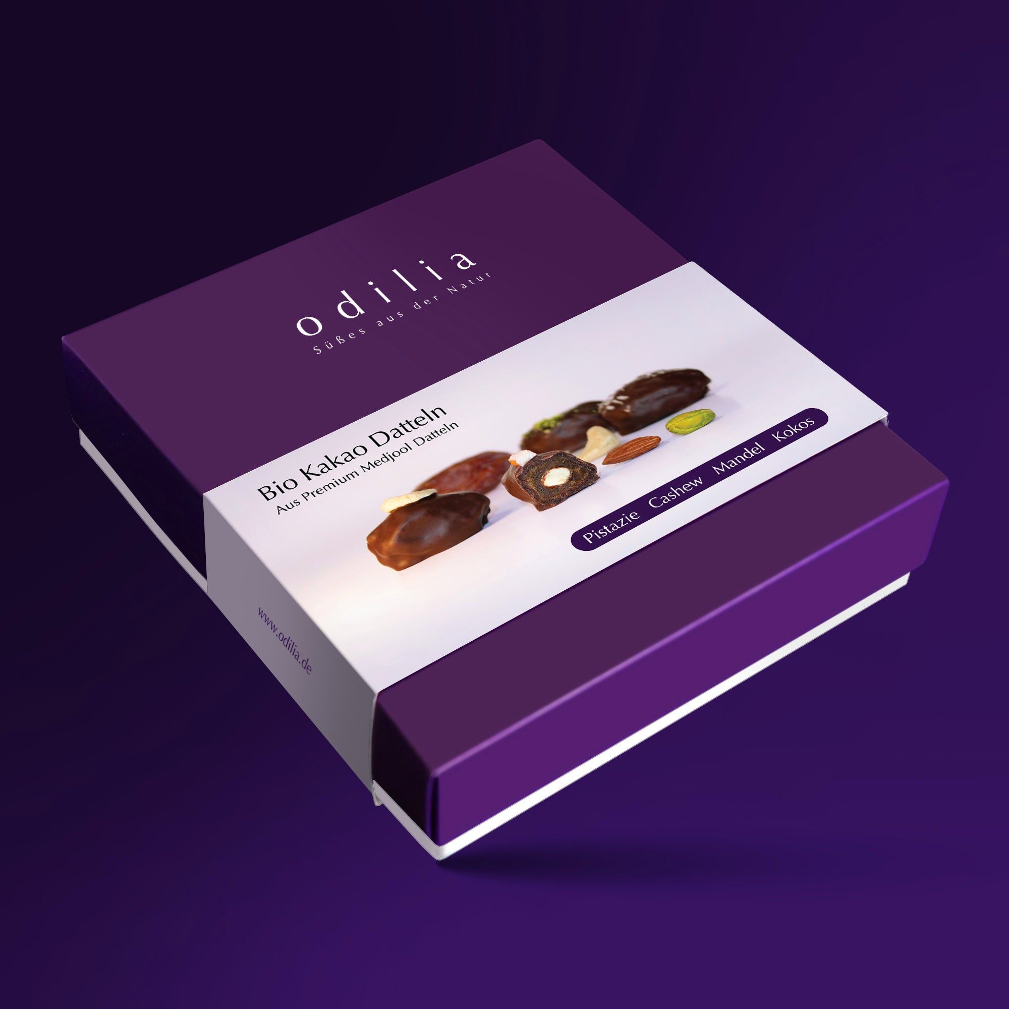 Odilia Bio Kakao Datteln, aus Premium Medjool Datteln, mit Pistazie, Cashew, Mandel, Kokos.