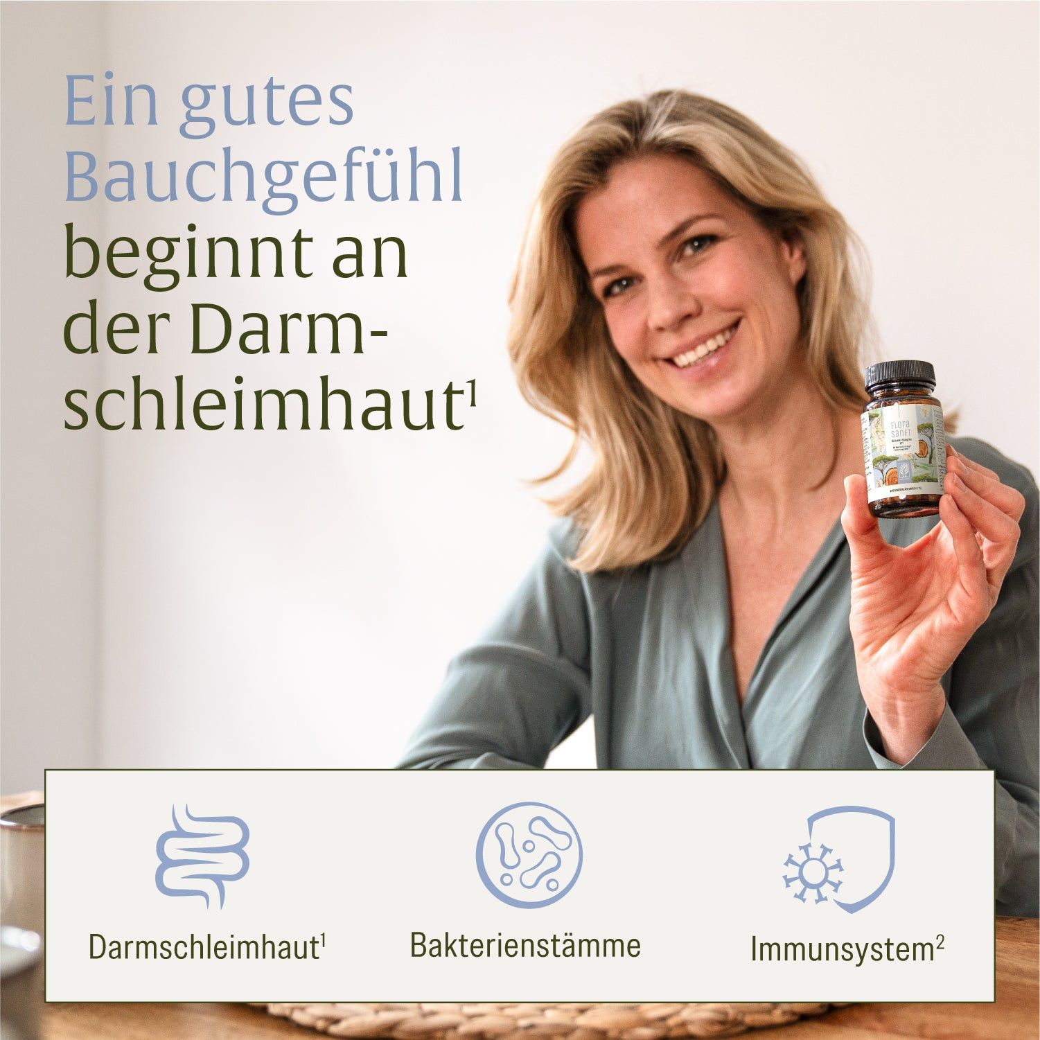 Lächelnde Frau hält FLORASANFT Flasche. Symbole für Darm, Bakterien, Immunsystem.