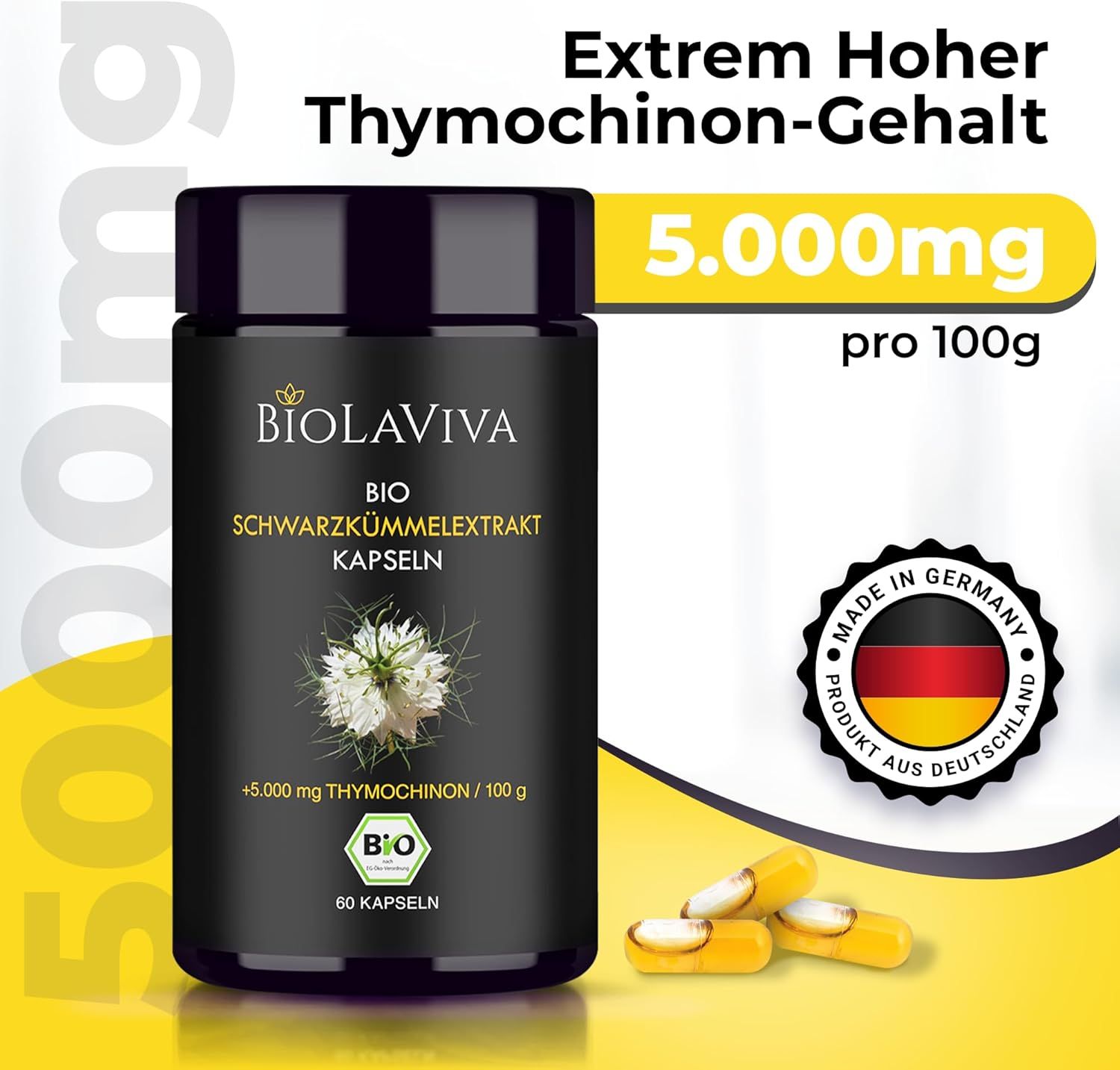 Schwarze Dose mit Kapseln. Text: Extrem hoher Thymochinon-Gehalt, 5.000mg pro 100g. Siegel: Made in Germany. 60 Kapseln. Biolaviva, BIO Schwarzkümmel Extrakt Kapseln.