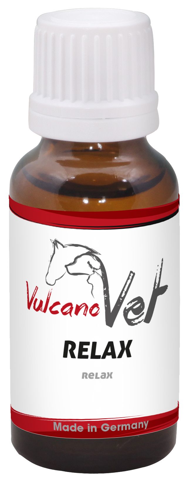 Braune Glasflasche mit weißem Deckel. Etikett mit Logo, Schriftzug VulcanoVet Relax und „Made in Germany“.