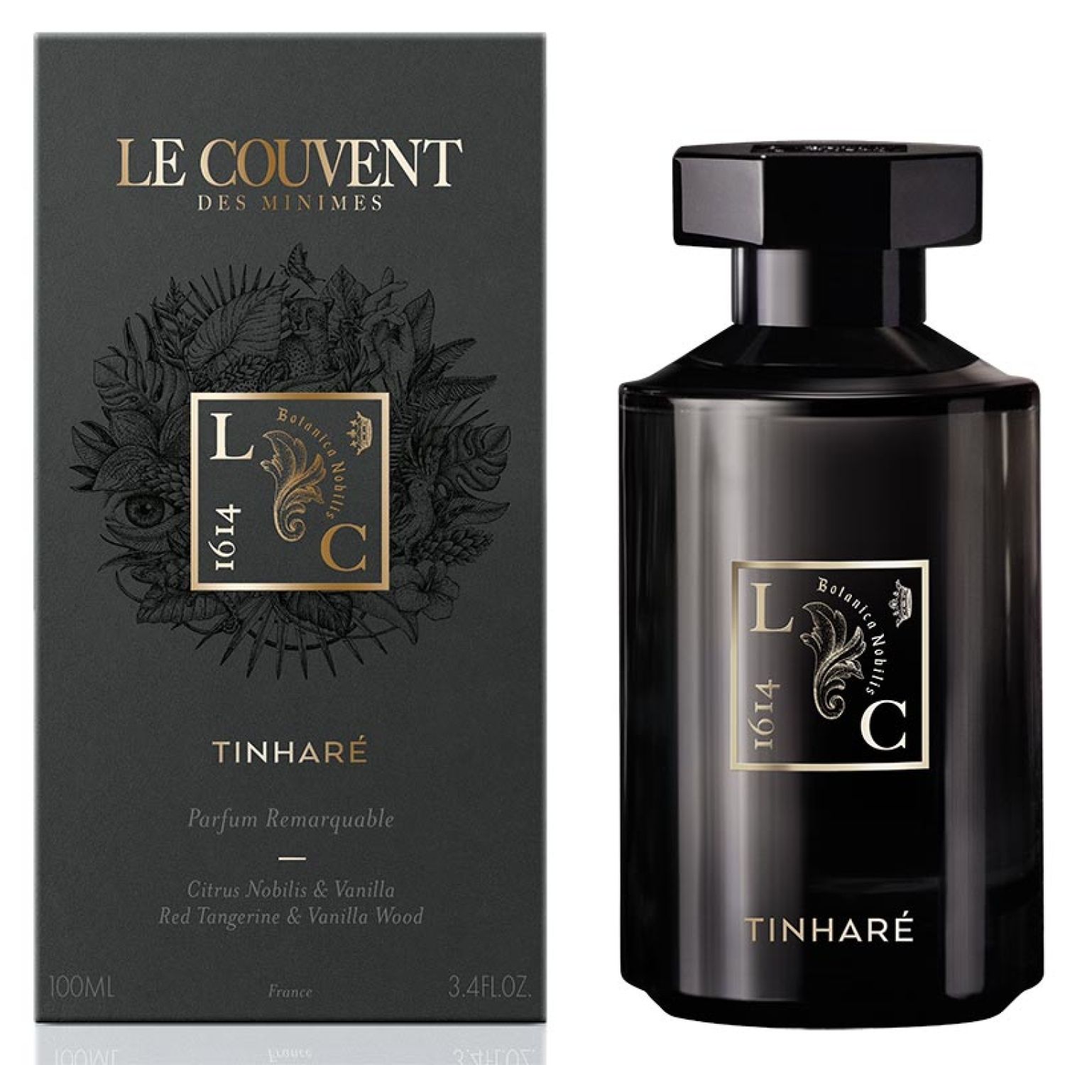 Schwarze Parfumflasche und Verpackung. Aufschrift: Tinharé, Le Couvent des Minimes. Goldfarbene Details.