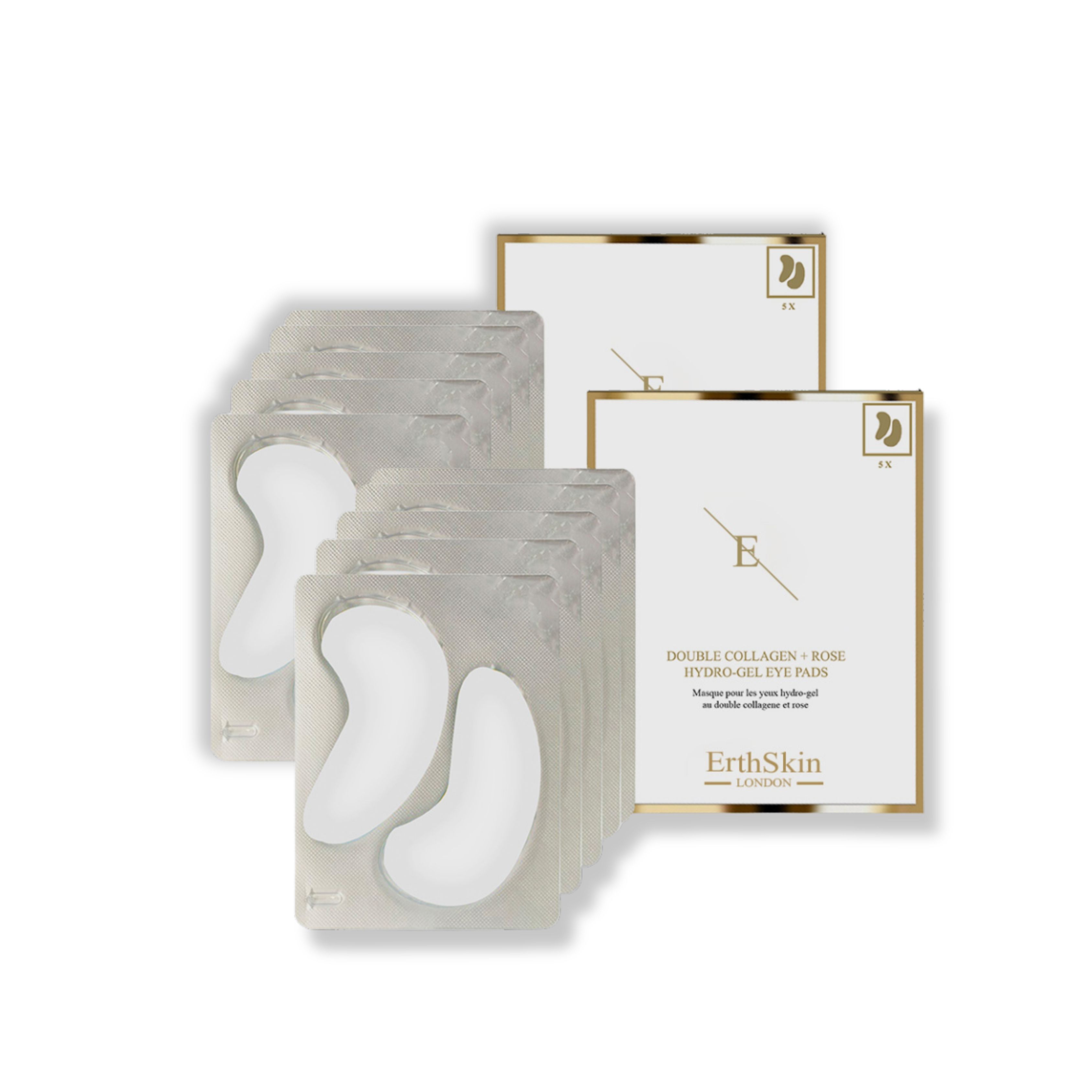 Plusieurs paquets de patchs pour les yeux. Patchs blancs en forme de croissant dans des blisters transparents. Emballage avec cadre doré et texte.