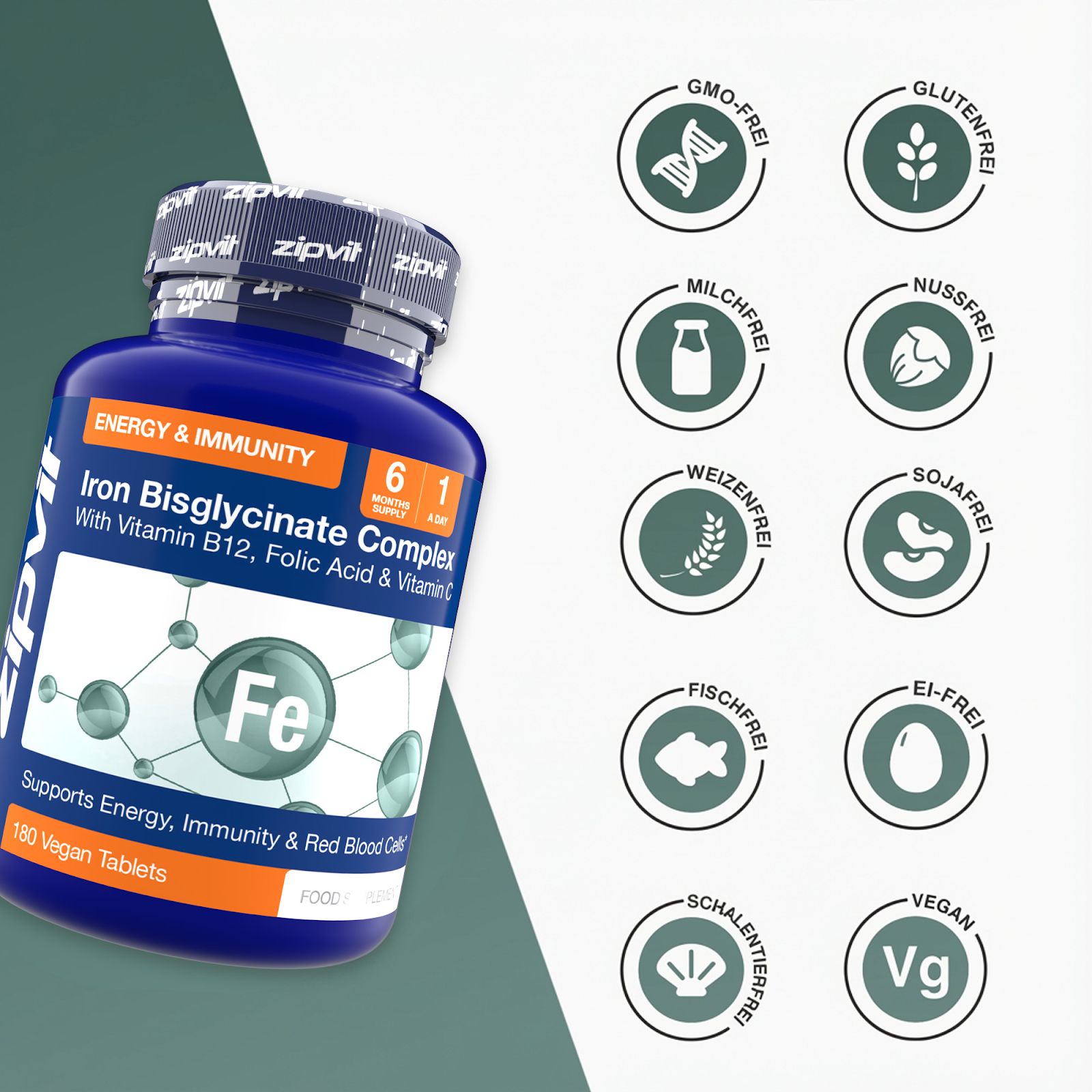 Blaue Flasche mit Tabletten. Aufschrift: Iron Bisglycinate Complex. Logos: GMO-frei, glutenfrei, milchfrei, nussfrei, etc. Vegan.
