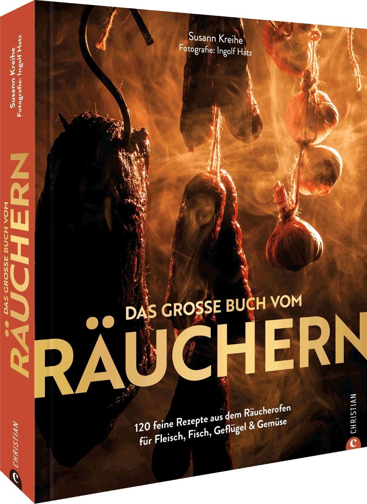 Buchcover mit Titel „Das große Buch vom Räuchern“. Gezeigt werden geräucherte Fleischwaren. Autorin: Susann Kreihe.