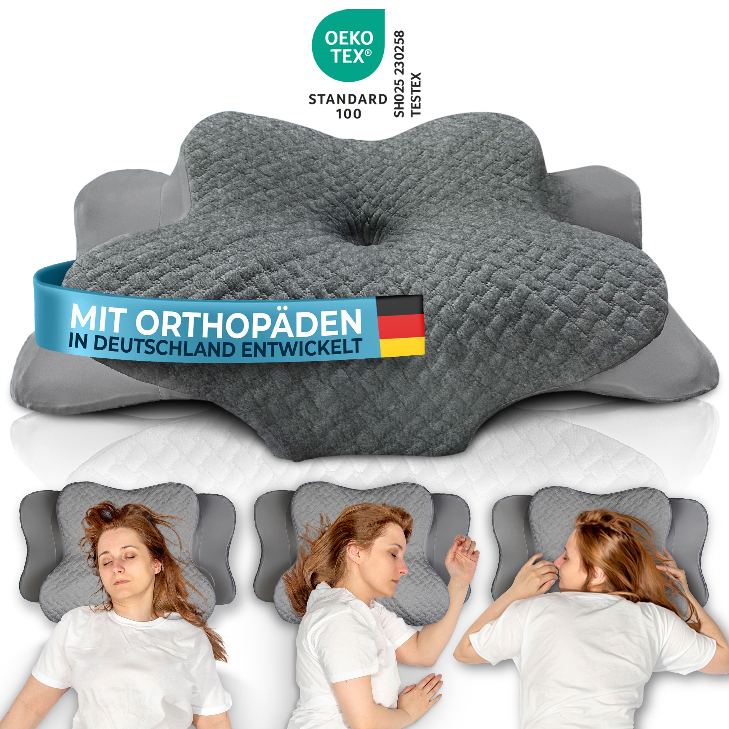 Orthopädisches Kissen mit deutscher Flagge. Oeko-Tex Standard 100. Drei Frauen schlafen auf dem Kissen. Mit Orthopäden entwickelt.