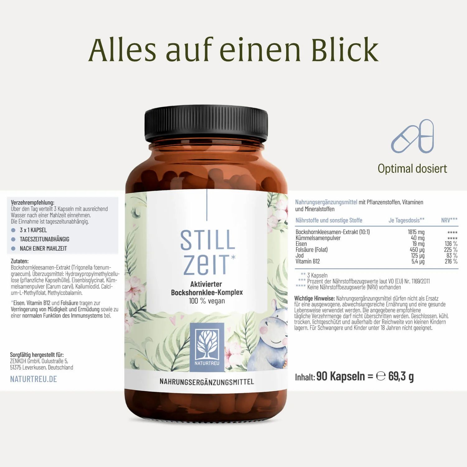 Braune Glasflasche mit schwarzem Deckel, gefüllt mit 90 veganen Kapseln. Etikett mit "STILL ZEIT" und "Aktivierter Bockshornklee-Komplex".