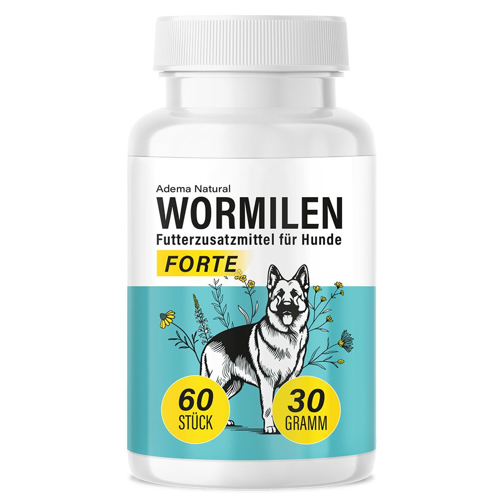 Produktflasche mit Etikett. Text: Adema Natural Wormilen Forte, Futterzusatzmittel für Hunde, 60 Stück, 30 Gramm.