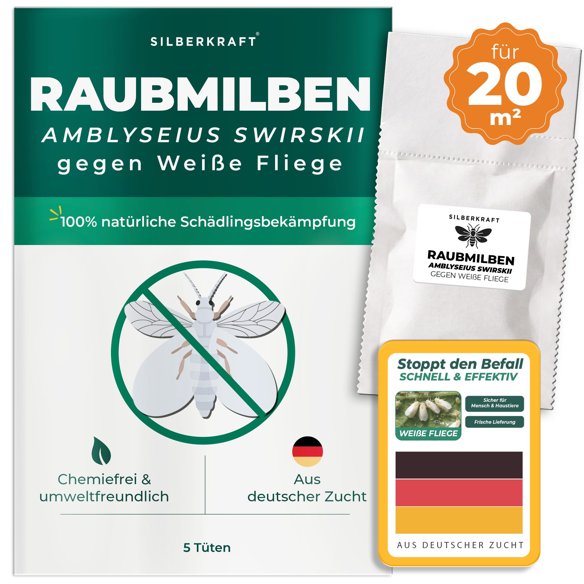 Silberkraft Raubmilben Amblyseius Swirskii gegen Weiße Fliege: 5 Beutel für 20 m², biologische Schädlingsbekämpfung.