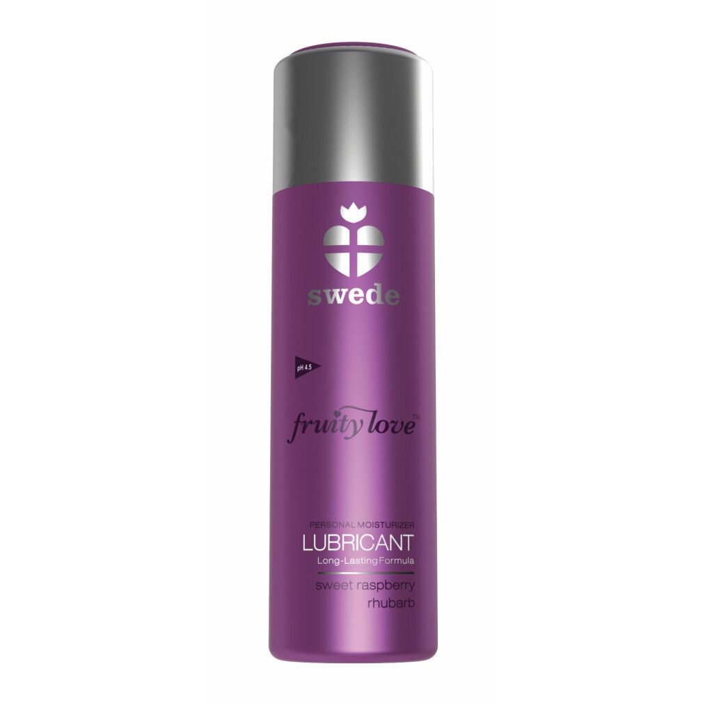 Lila Flasche mit silbernem Deckel. Aufschrift: swede, fruity love, LUBRICANT. Text: sweet raspberry rhubarb.
