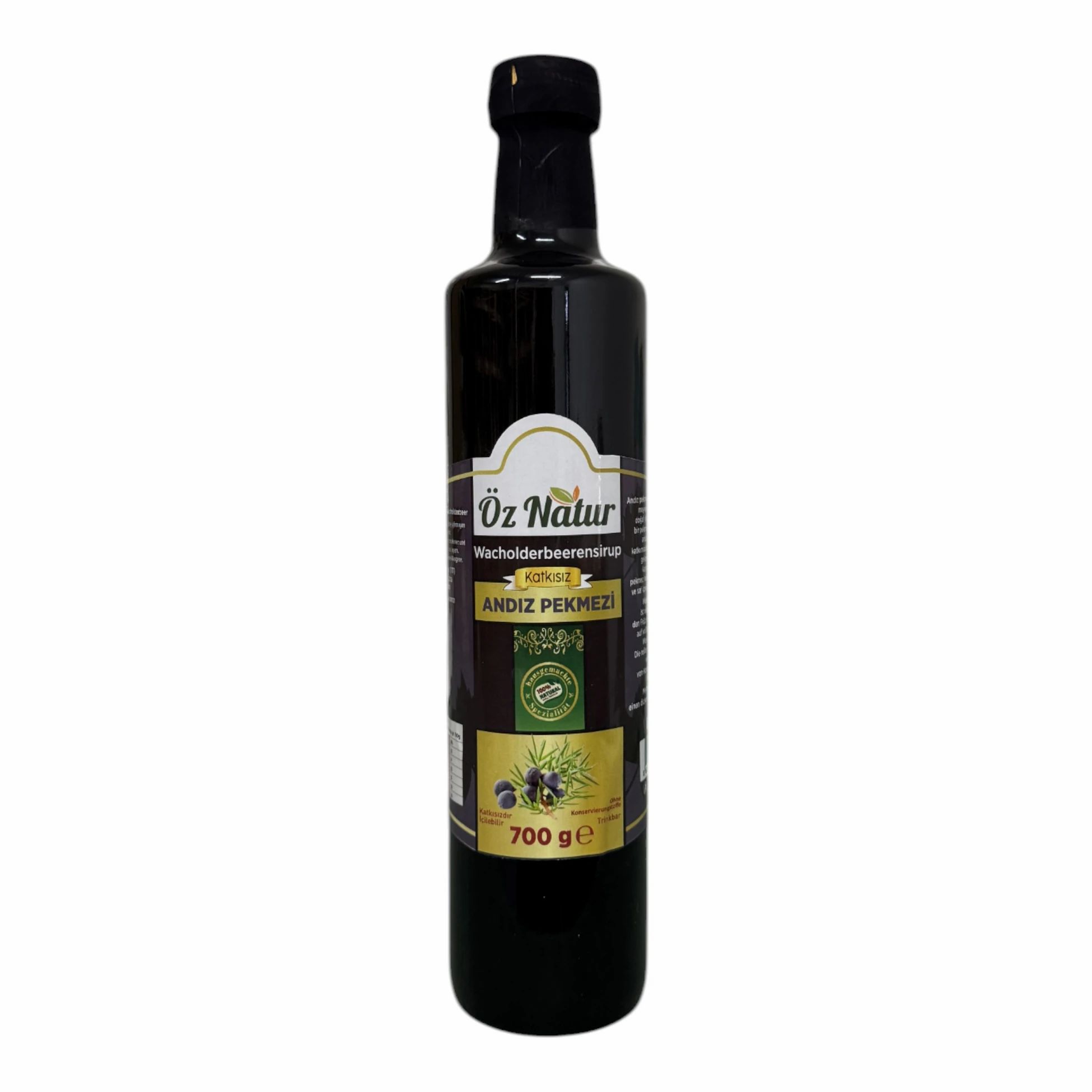 Dunkle Glasflasche mit schwarzem Verschluss. Etikett mit Produktnamen und Text. Gewicht: 700 g.