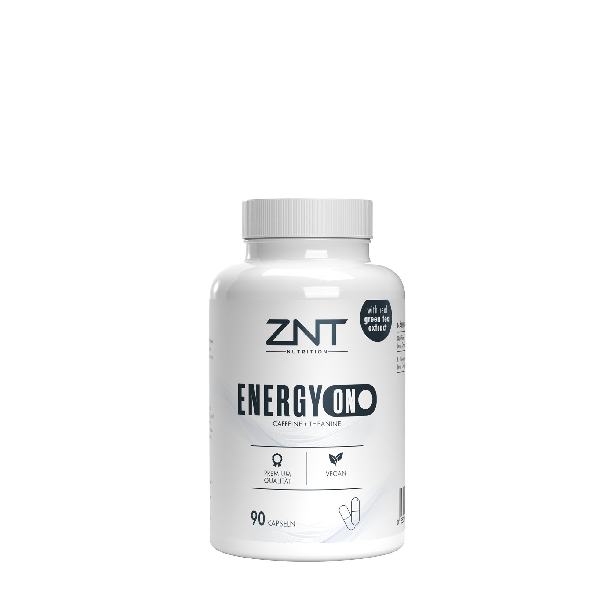 Weiße Flasche ZNT Nutrition Energy ON Kapseln, 90 Stück. Mit Etikett, das Premium Qualität und Vegan kennzeichnet.
