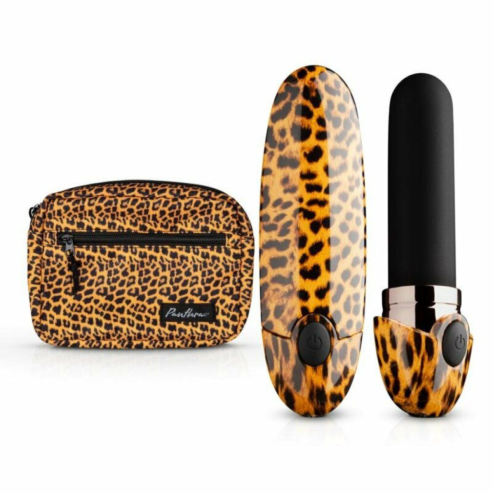 Set mit Vibrator, Hülle und Tasche. Leopardenmuster. Vibrator mit schwarzem Kopf und Bedienknöpfen.