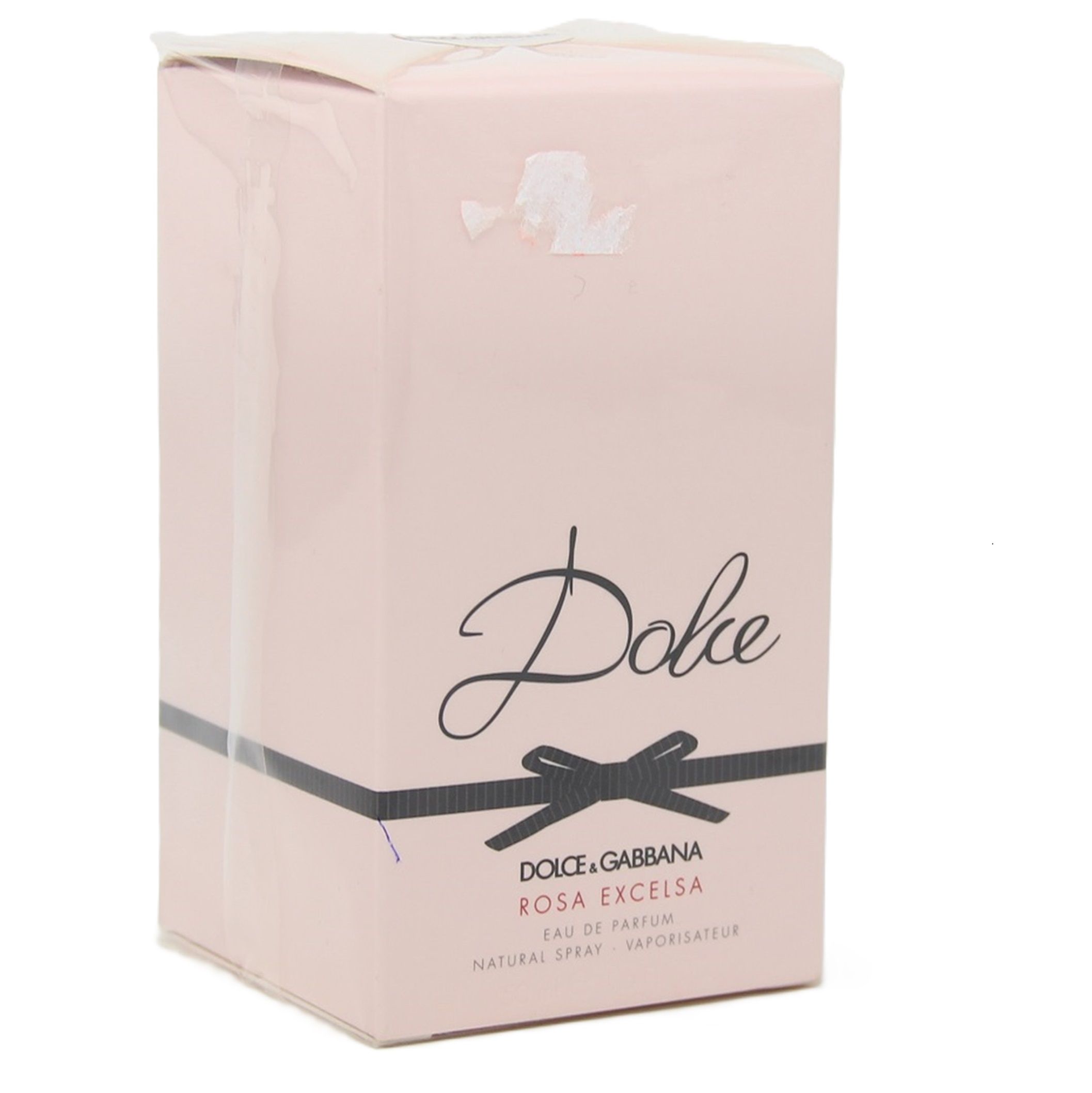 Rosafarbener Karton mit schwarzer Schleife und Schriftzug "Dolce". Aufschrift: Dolce & Gabbana Rosa Excelsa Eau de Parfum.
