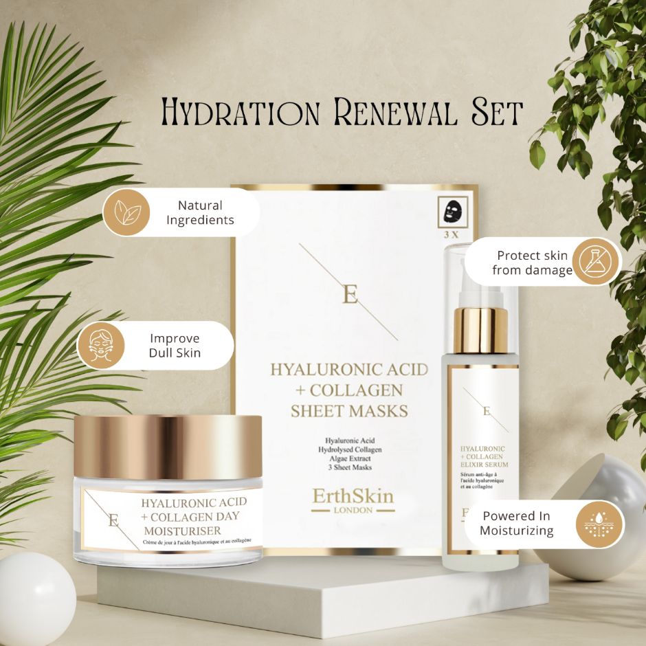 ErthSkin London Tagescreme mit Hyaluronsäure + Serum mit Hyaluronsäure und Kollagen + Maske set