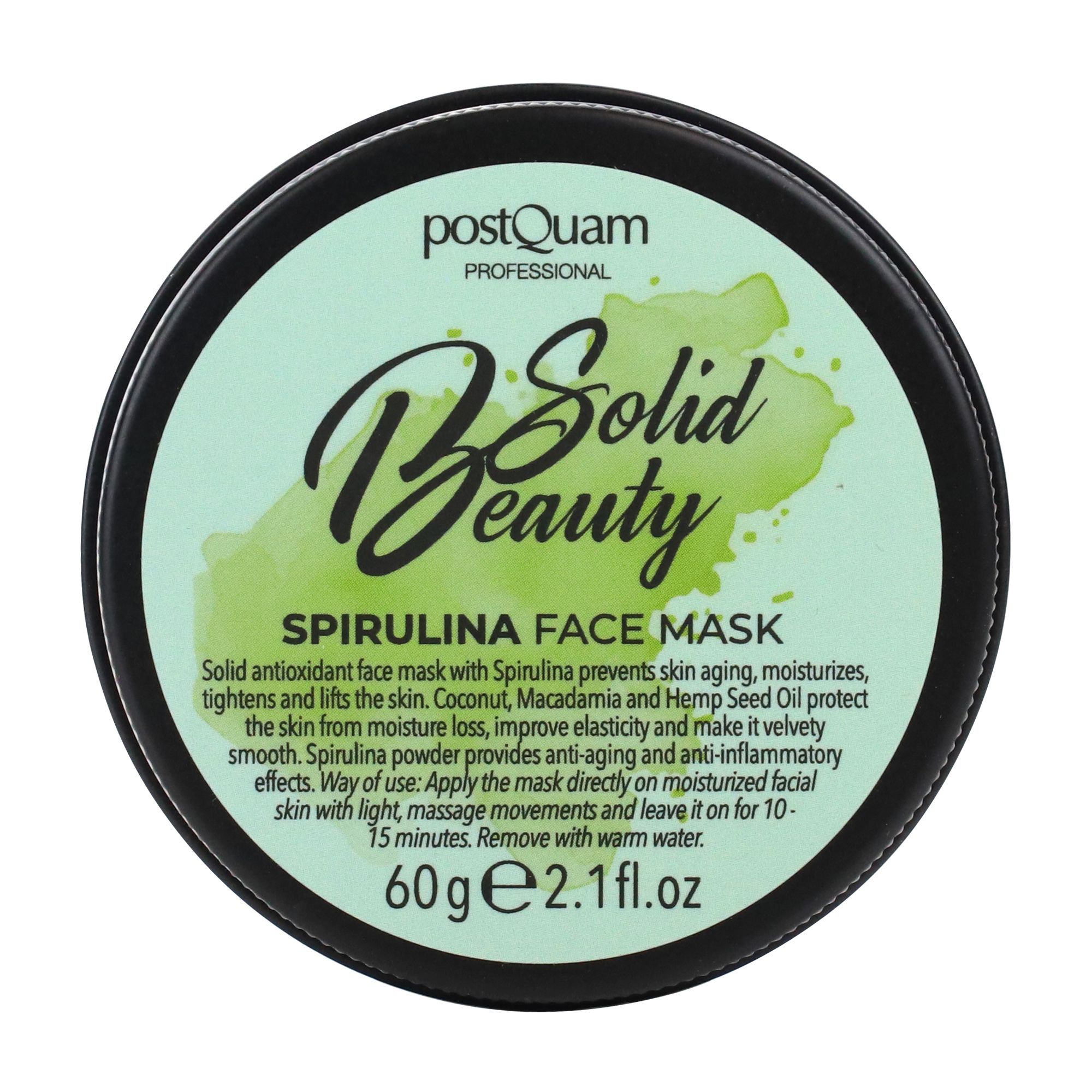 Dose mit grünem Gesichtsmaske-Deckel. Aufschrift 'Solid Beauty' und 'Spirulina Face Mask'. Schwarzer Behälter, grüne Schrift.