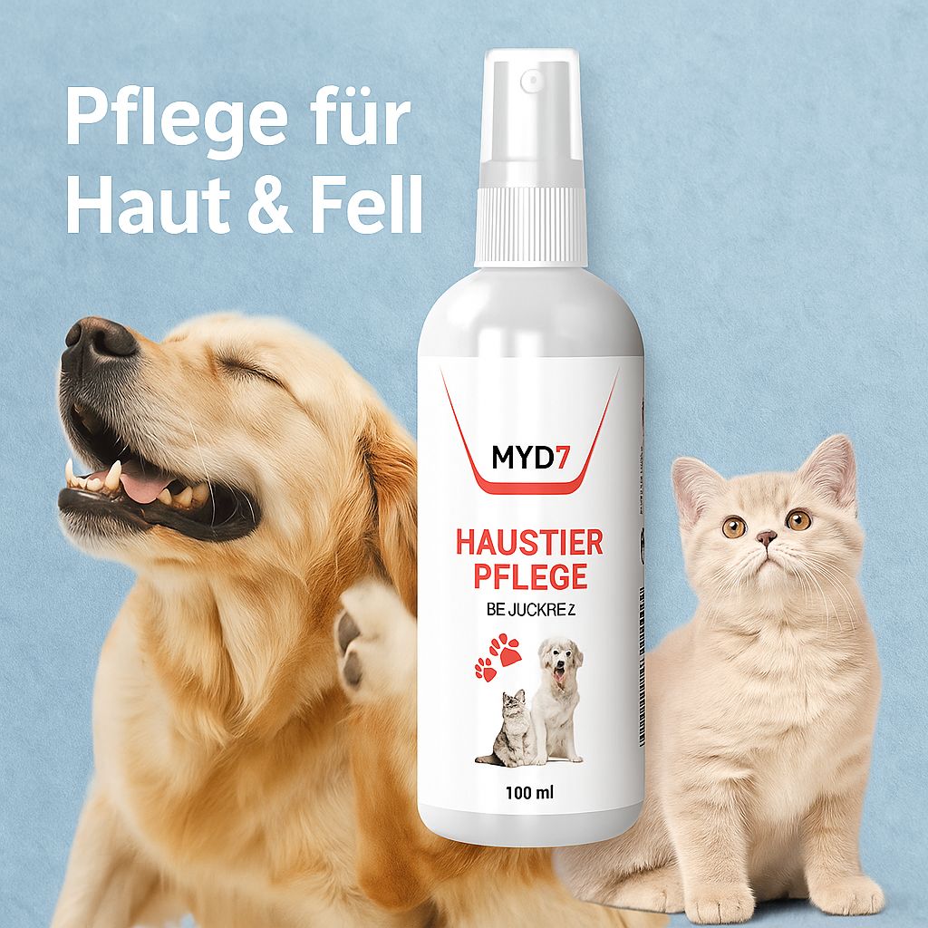 Weiße Sprühflasche mit roter und schwarzer Beschriftung. Aufschrift: MYD7, HAUSTIER PFLEGE, bei Juckreiz. Katze und Hund.