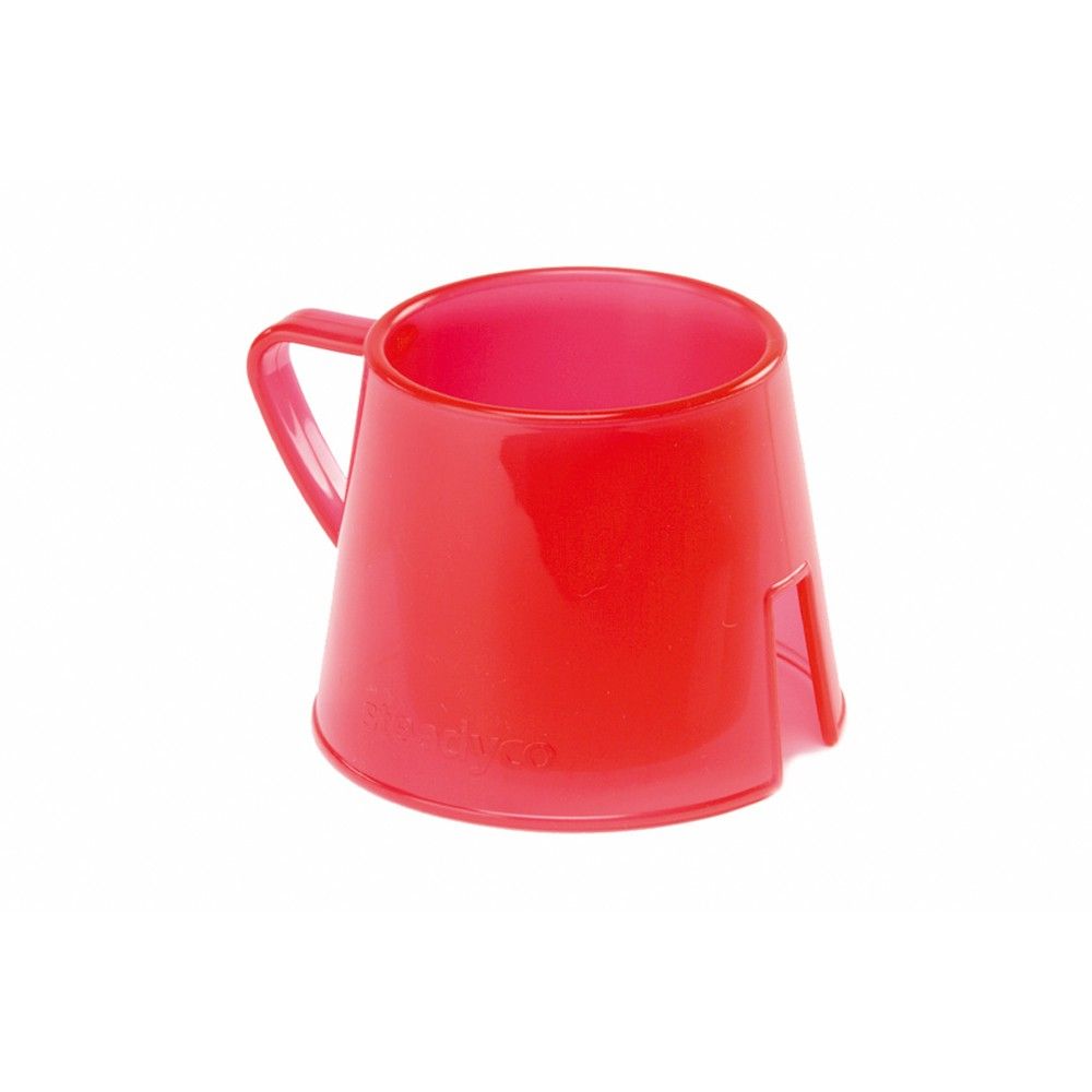 Rote, stapelbare Trinklerntasse mit Henkel und Aussparung. Kunststoff. Aufschrift.