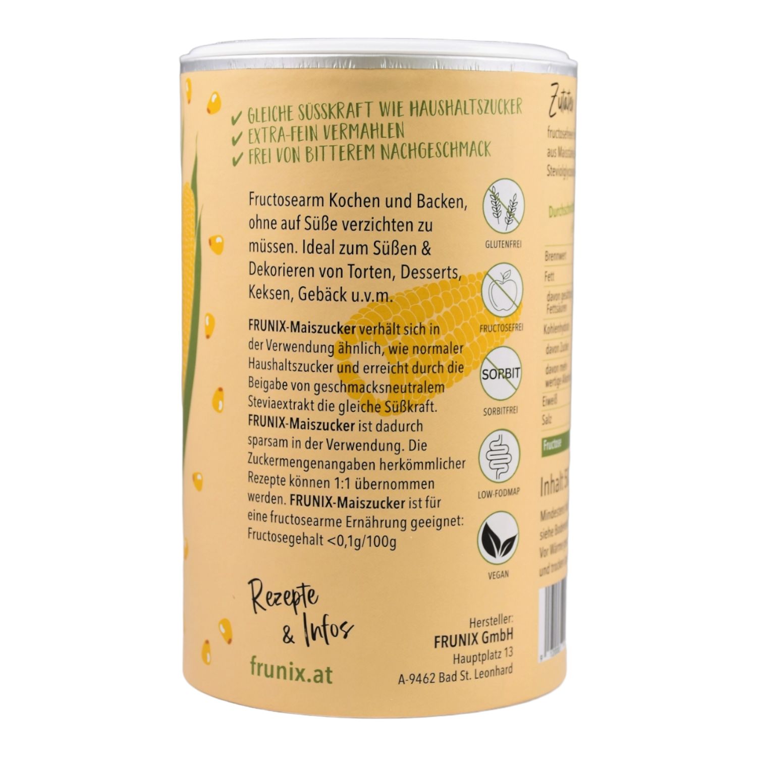 Dose mit Text: fructosearm, extra fein vermahlen, frei von bitterem Nachgeschmack. Ideal zum Süßen und Dekorieren. Rezepte & Infos auf frunix.at.