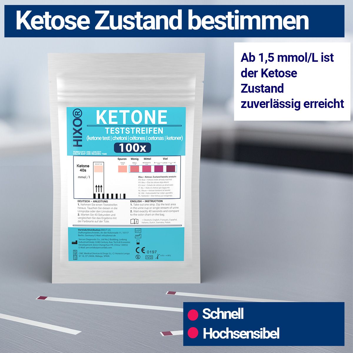 Verpackung mit HIXO Ketose Teststreifen und Teststreifen. Aufgedruckt: Ketose Teststreifen, 100x.