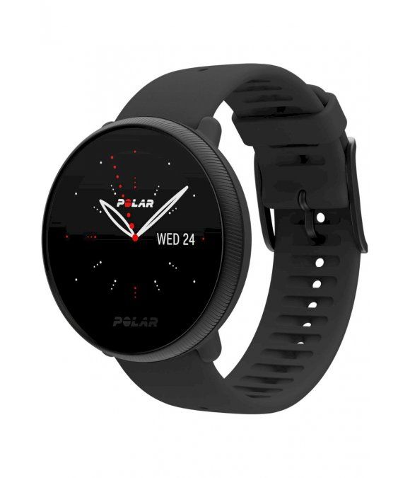 Schwarze Smartwatch mit rundem Zifferblatt und Armband. Das Zifferblatt zeigt die Marke POLAR und den Wochentag Mittwoch an.