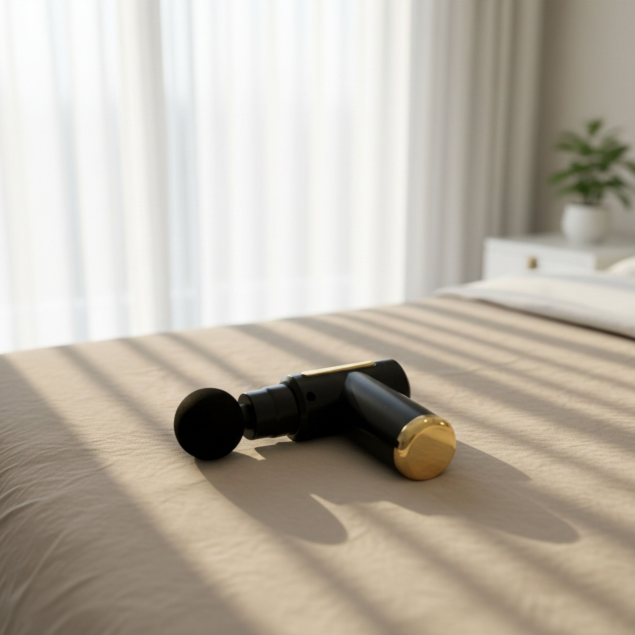 Schwarzes Massagegerät mit goldfarbenen Akzenten liegt auf einem Bett. Im Hintergrund Vorhänge.