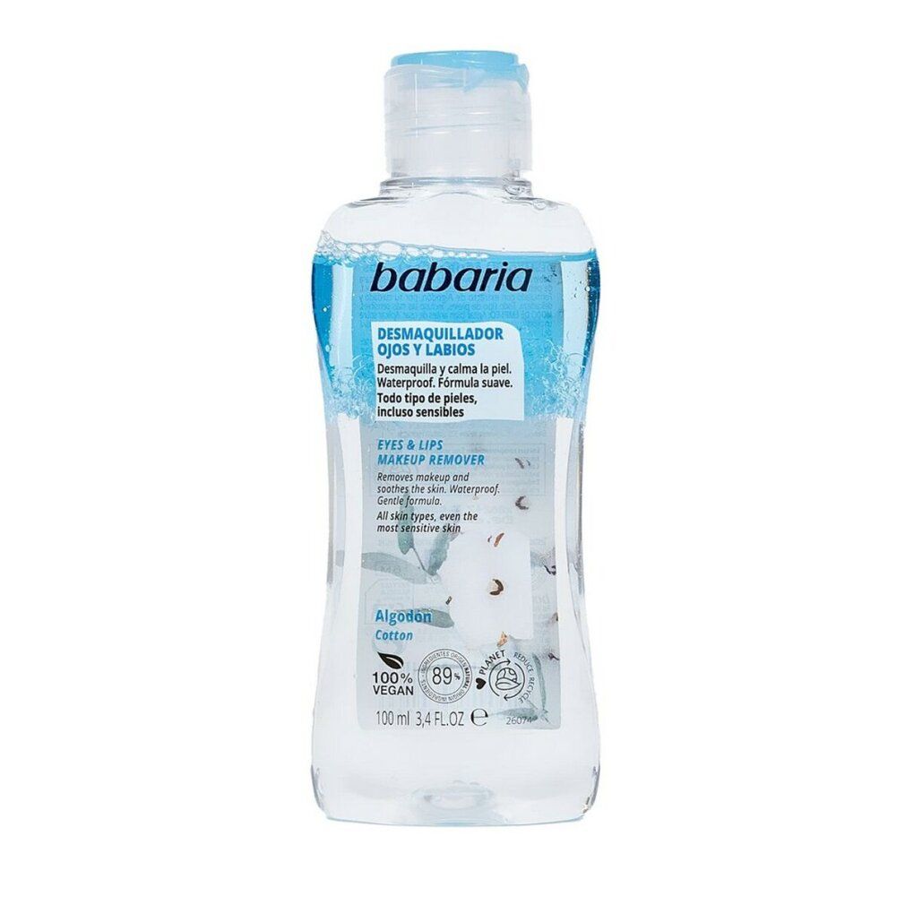 Transparente Flasche mit blauem Inhalt und blauem Deckel. Aufschrift: Babaria, Desmaquillador Ojos y Labios. Vegan.